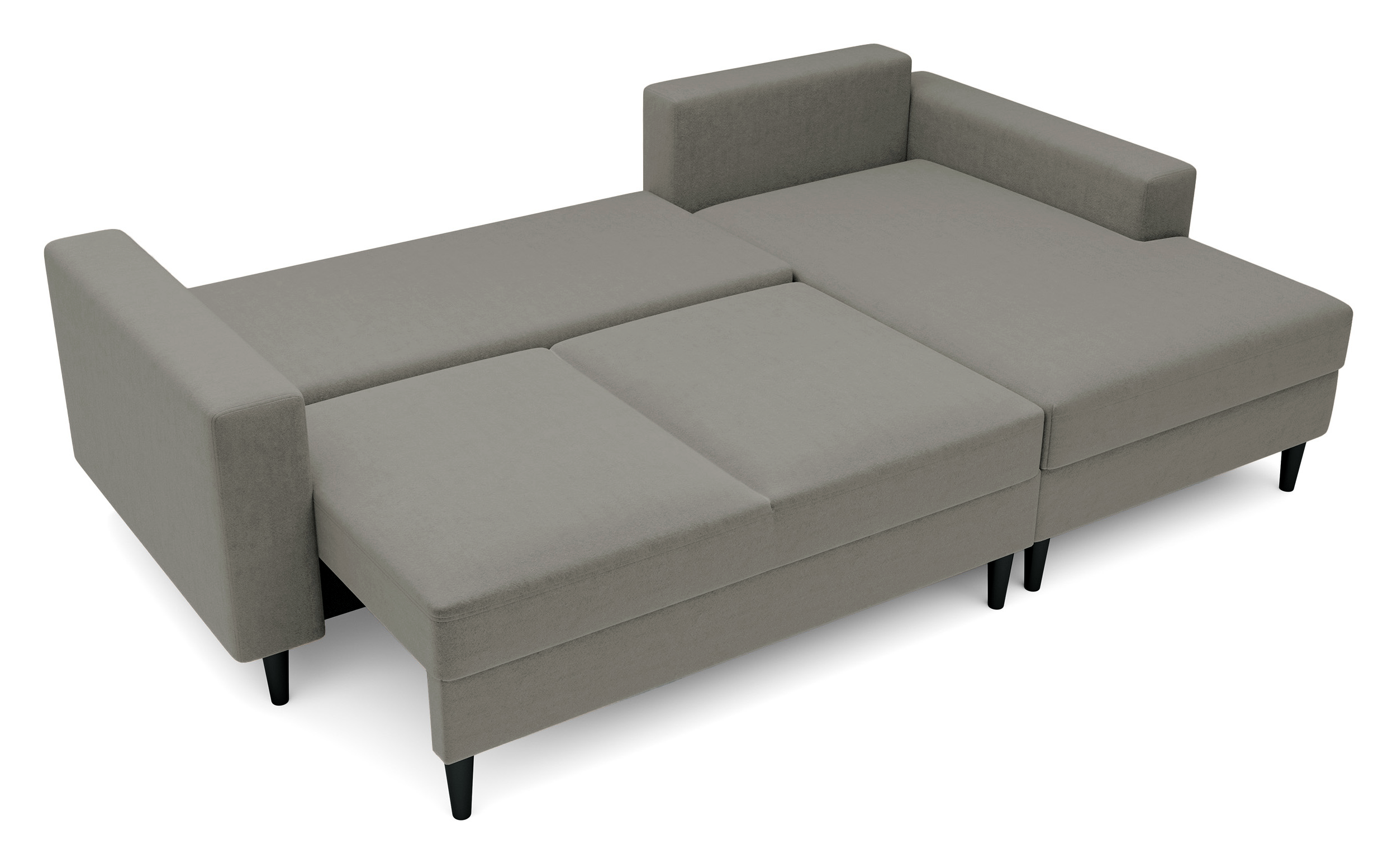 Ecksofa mit Schlafunktion Nalika, L-förmig, mit Stauraum, dunkelbeiger, wasserabweisender Samt, rechtsseitig