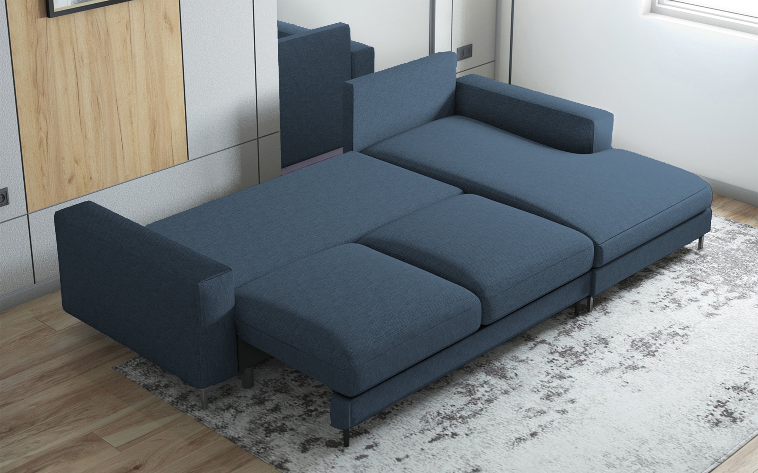 Ecksofa mit Schlaffunktion Mokpeo, L-förmig, mit zwei Aufbewahrungsboxen, schwarzen Füßen, marineblau, leicht zu reinigendes Geflecht, rechtsseitig