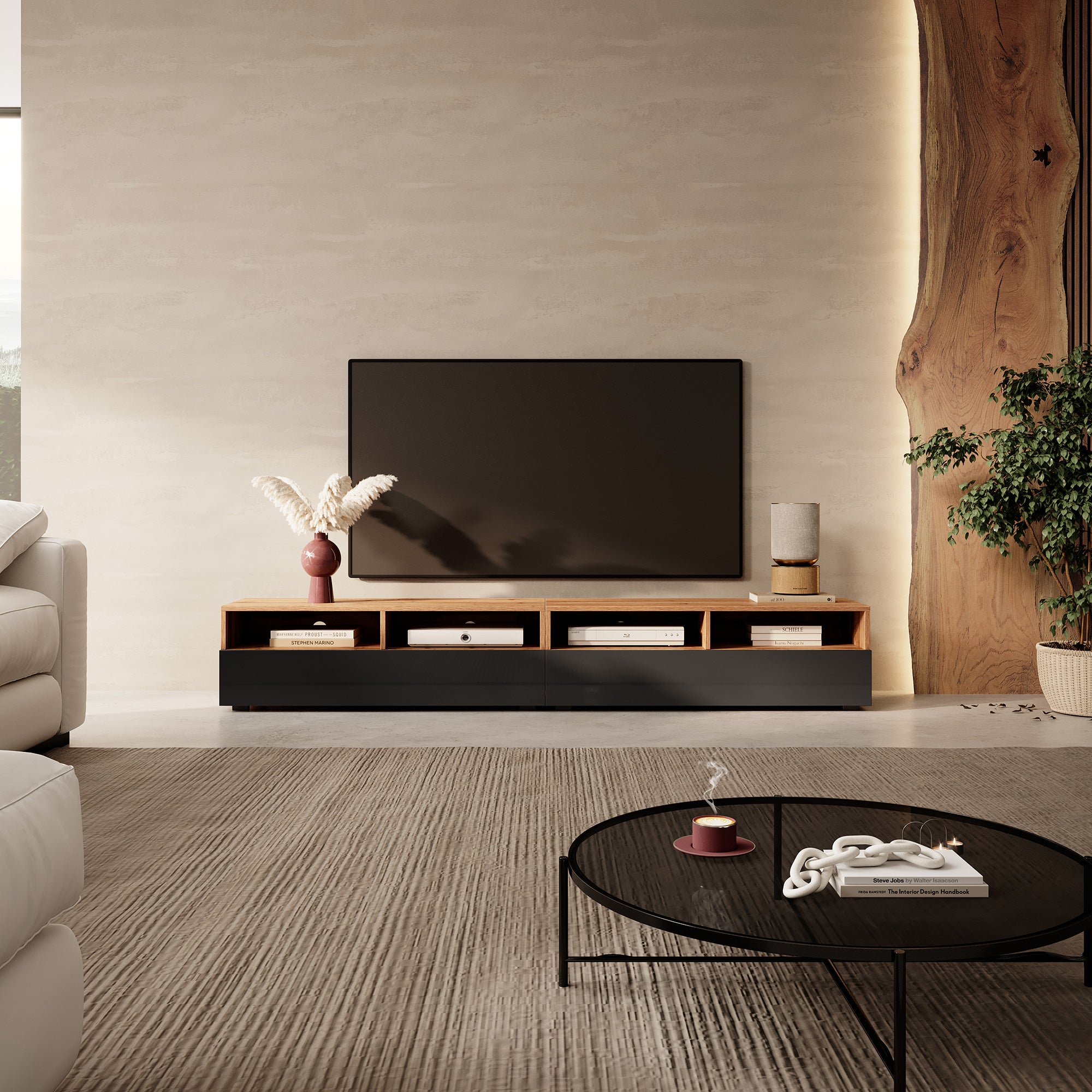 TV-Schrank mit zwei Schubladen Rednaw 200 cm Wotan-Eiche / Hochglanz Schwarz mit Beleuchtung