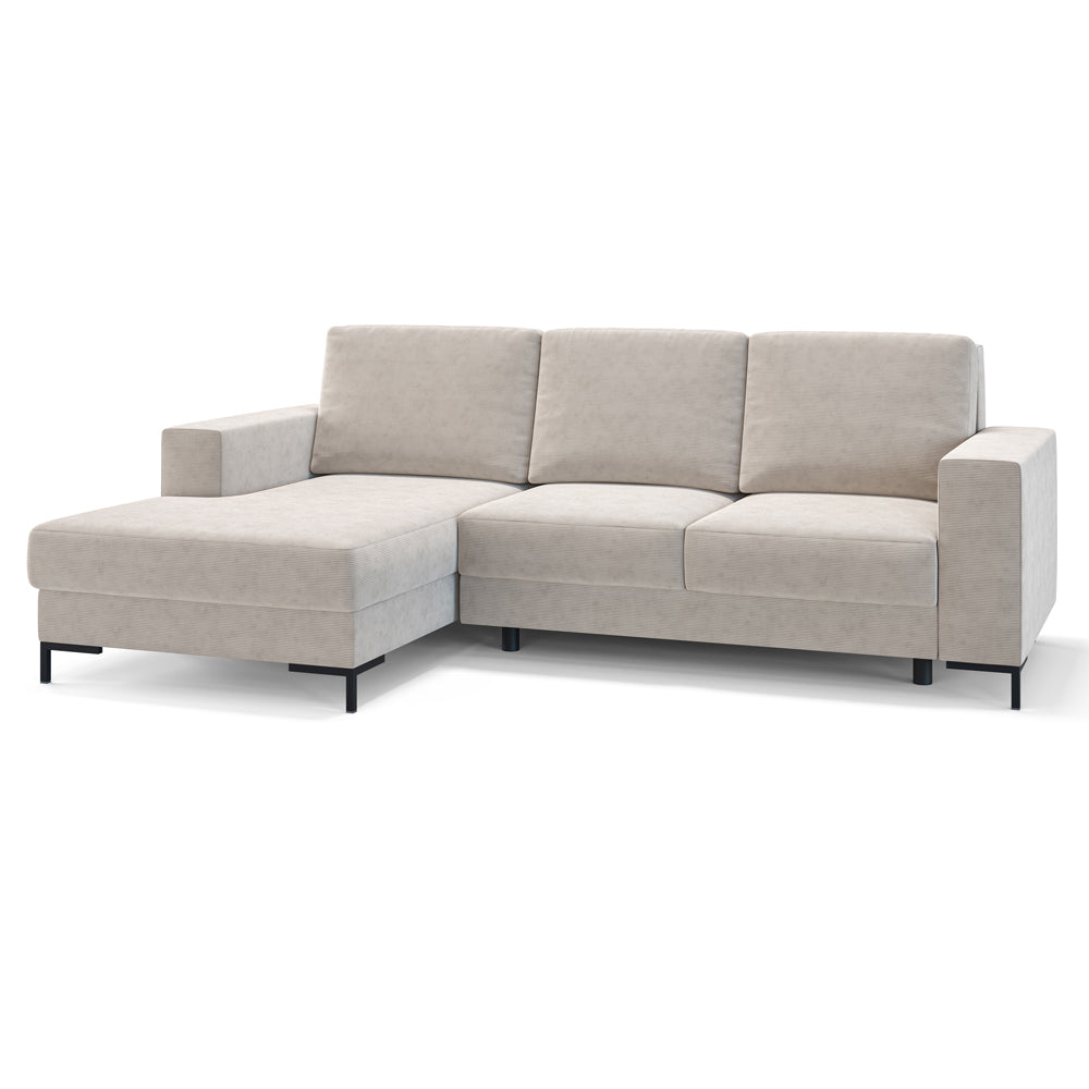 Ecksofa mit Schlaffunktion Mokpeo, L-förmig, mit zwei Stauraumfächern, auf schwarzen Füßen, beige Cordstoff, linksseitig