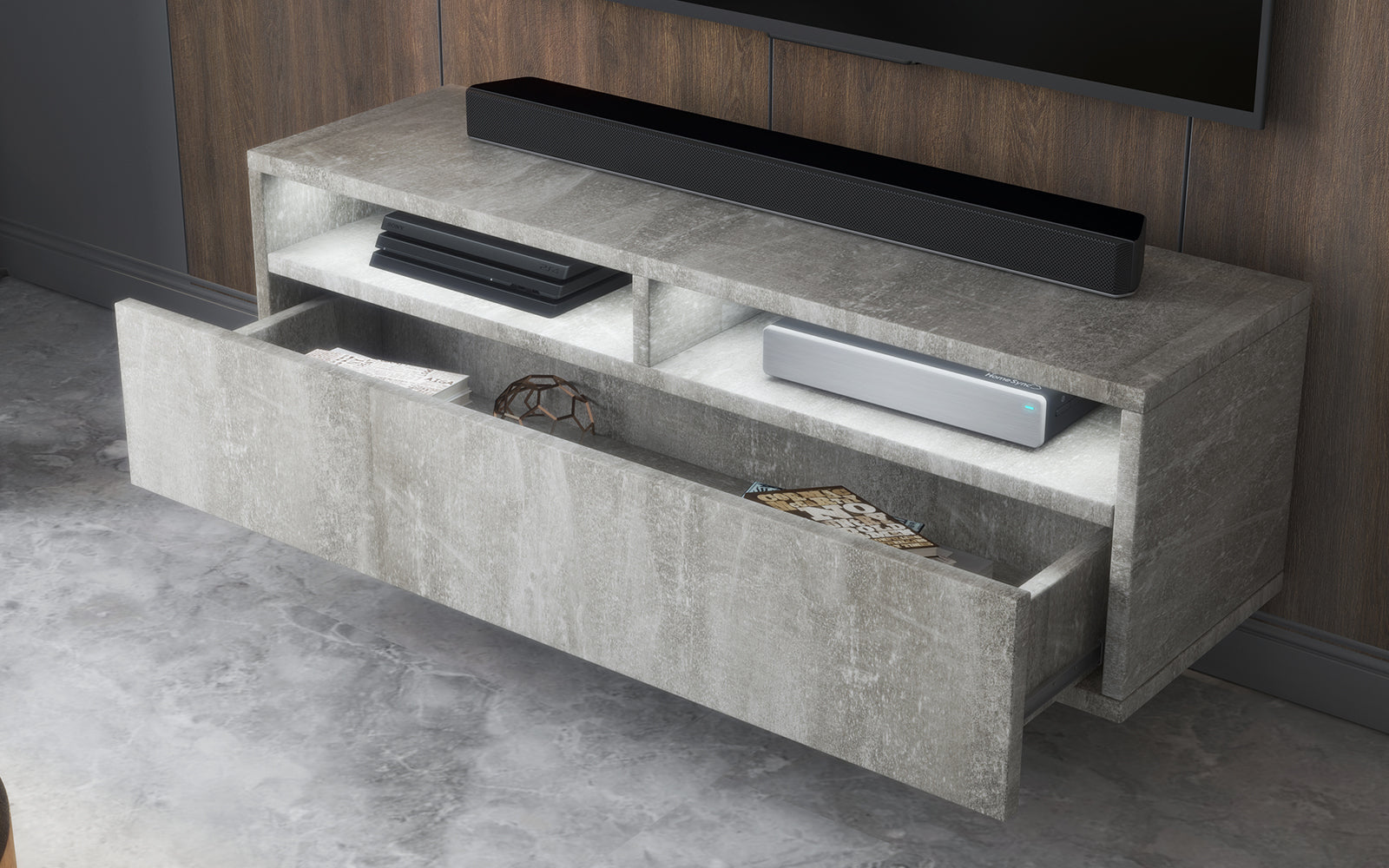 TV-Schrank mit Schublade Rednaw 100 cm Beton mit Beleuchtung