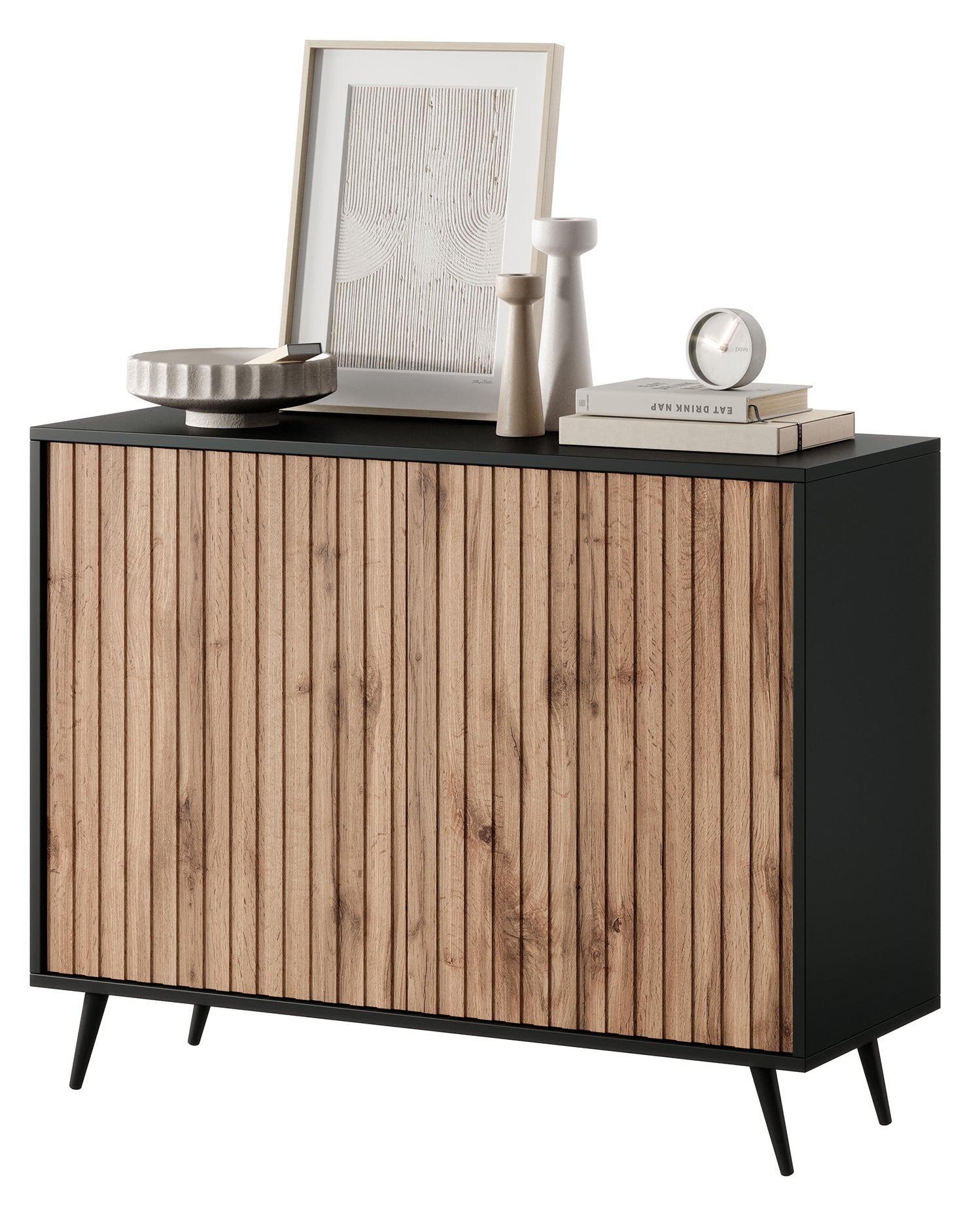 Kommode Bello mit Lamellenfronten 104 cm schwarz/Wotan-Eiche