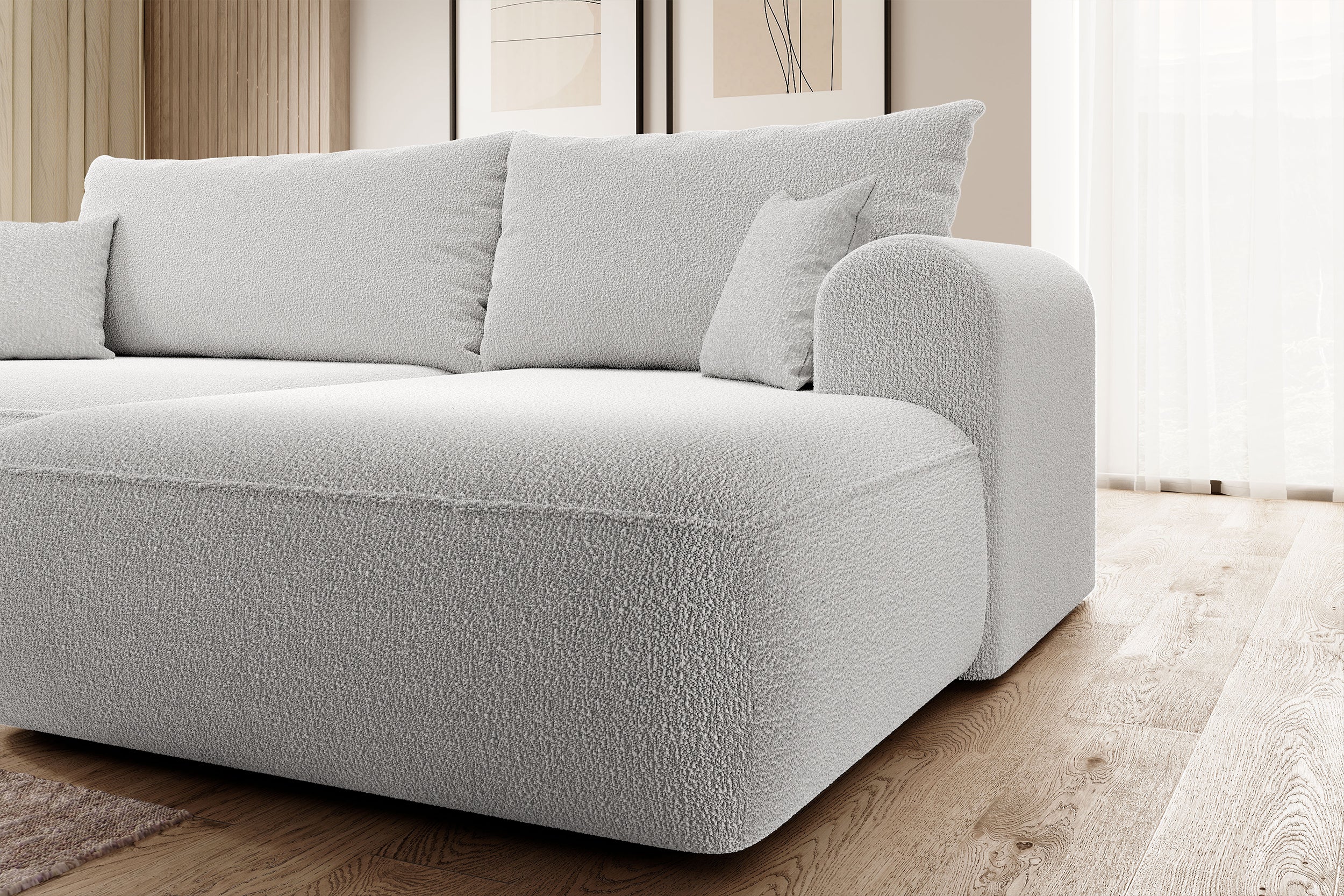 Ecksofa mit Schlaffunktion Ovo, L-förmig, grau, mit Stauraum, Bouclé, rechtsseitig