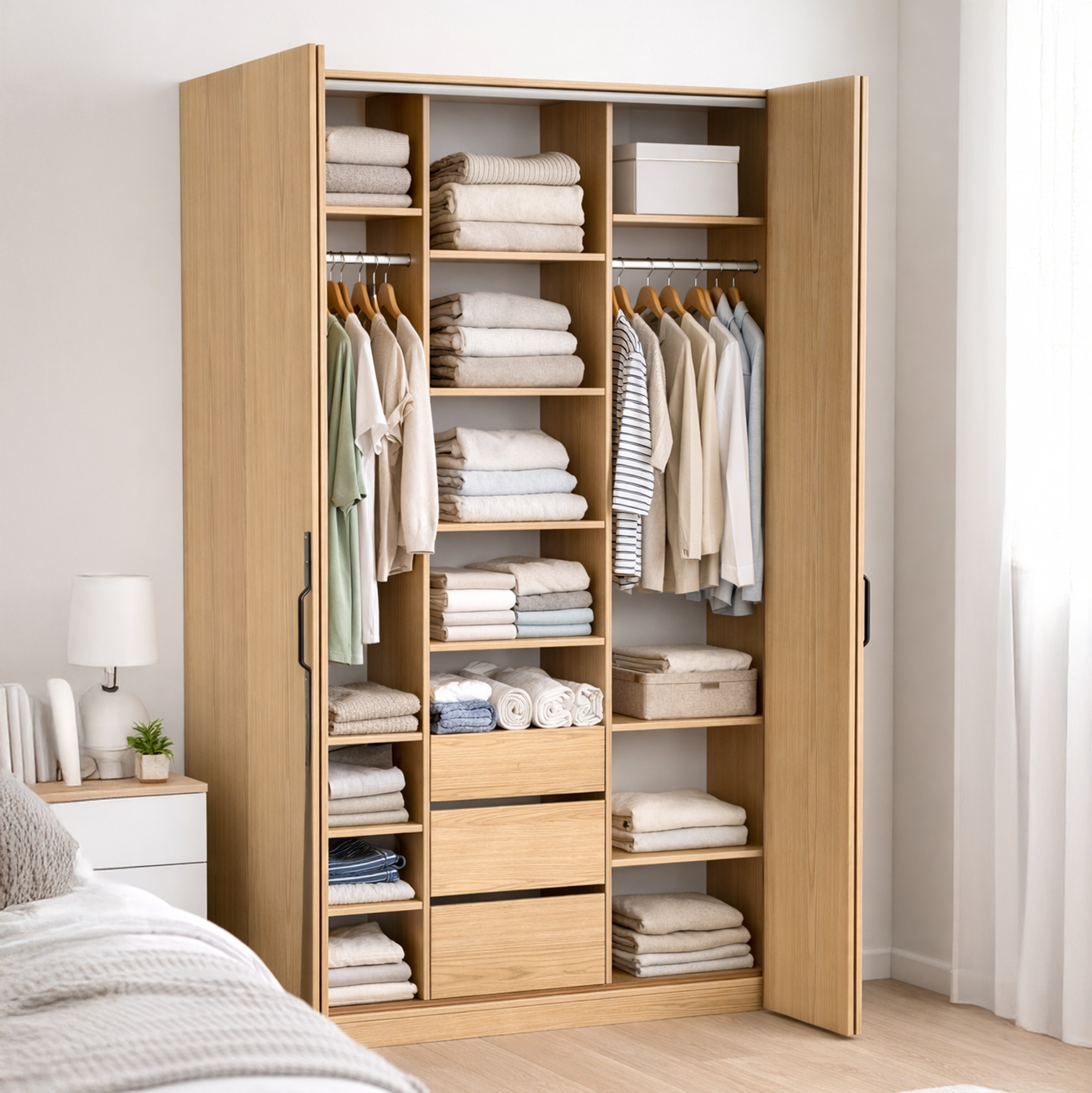 Zweiturige Bari-Garderobe mit drei Schubladen, 200 cm, Eiche Bookmatch
