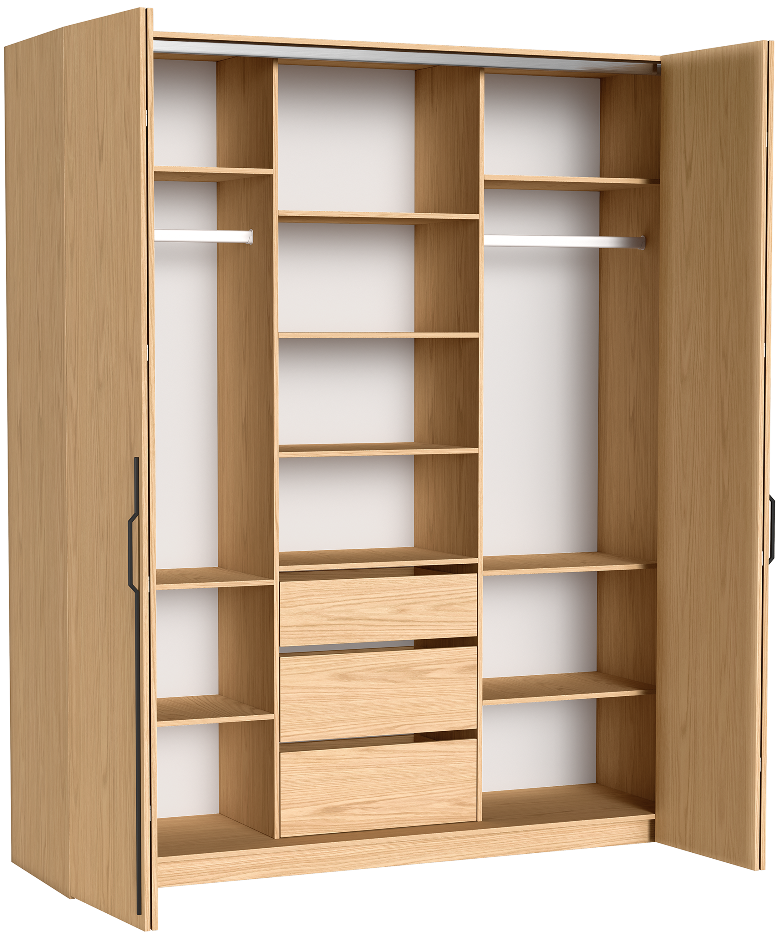 Zweiturige Bari-Garderobe mit drei Schubladen, 200 cm, Eiche Bookmatch