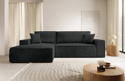 Ecksofa mit Schlaffunktion Farese New, L-förmig, mit Stauraum, schwarzer Cord, linksseitig