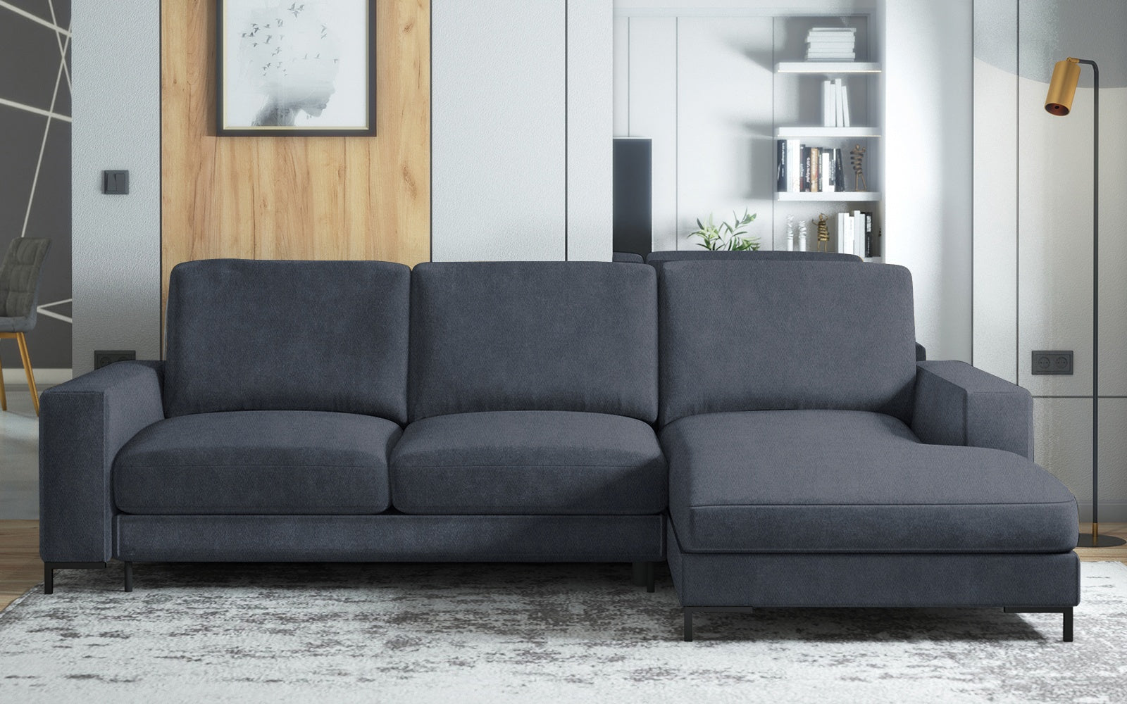 Ecksofa mit Schlaffunktion Mokpeo, L-förmig, mit zwei Stauraumfächern, schwarzen Füßen, dunkelblauer, leicht zu reinigender Samt, rechtsseitig