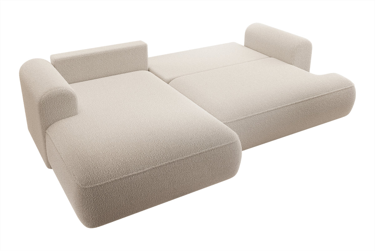 Ecksofa mit Schlafunktion Ovo, L-förmig, beige mit Stauraum, Bouclé, linksseitig