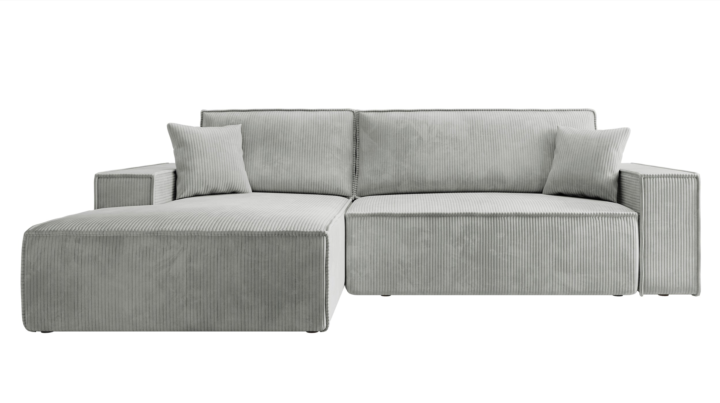 Ecksofa mit Schlafunktion Farese New, L-förmig, mit Stauraum, hellgrauer Cord, linksseitig
