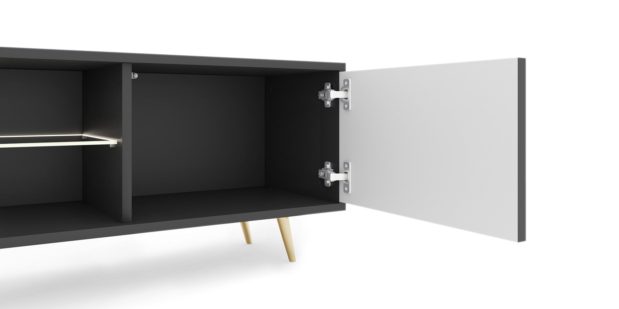 TV-Schrank Bello mit Lamellenfronten, 175 cm, schwarz, mit LED und goldenen Beinen