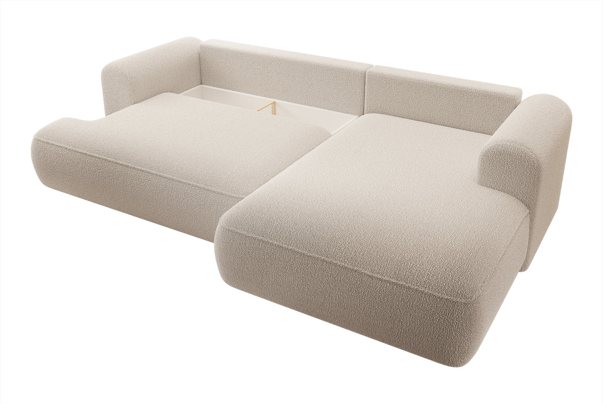 Ecksofa mit Schlafunktion Ovo, L-förmig, beige mit Stauraum, Bouclé, rechtsseitig