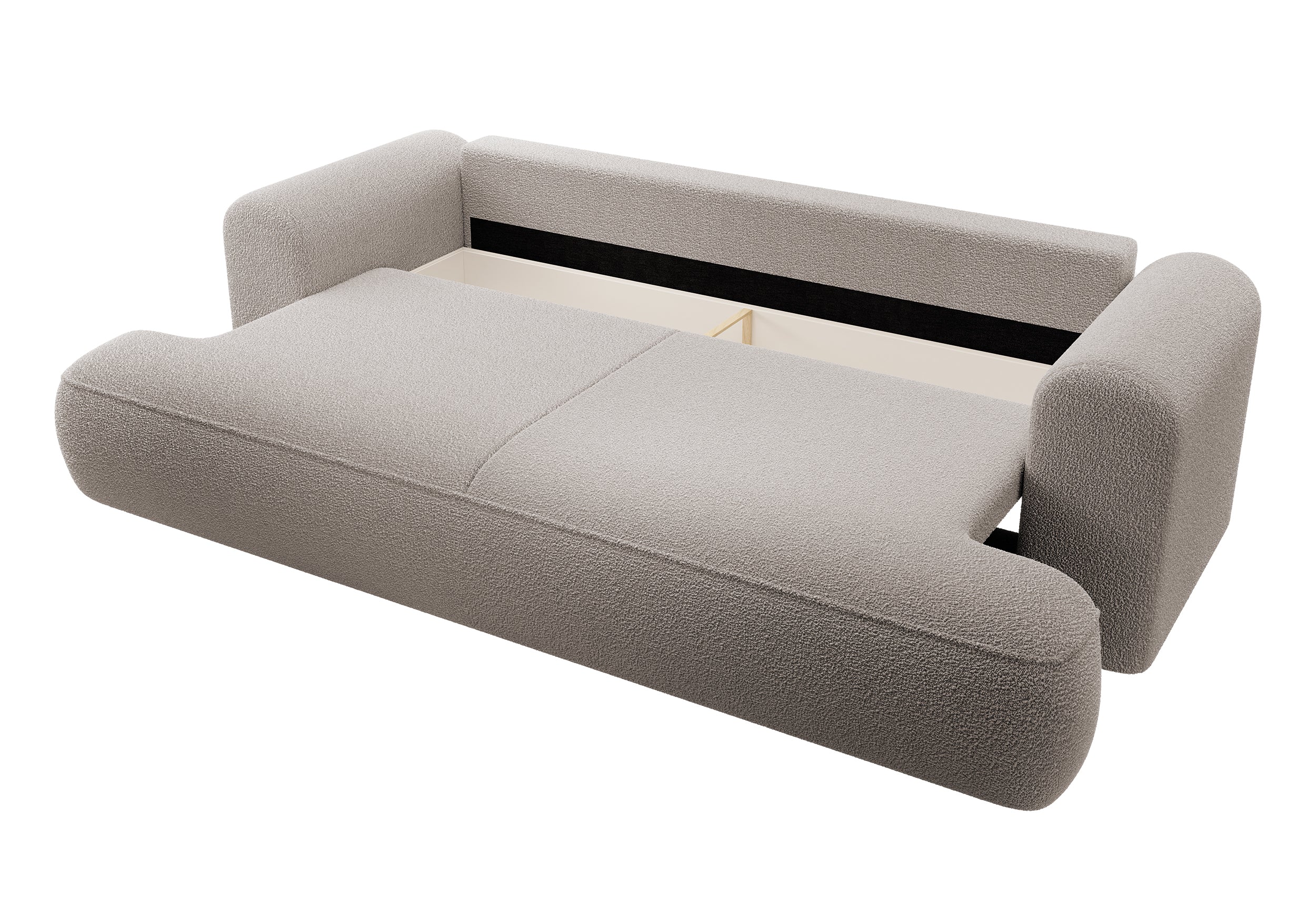 Dreisitziges ausklappbares Sofa Ovo mit Stauraum, dunkelbeiges Bouclé