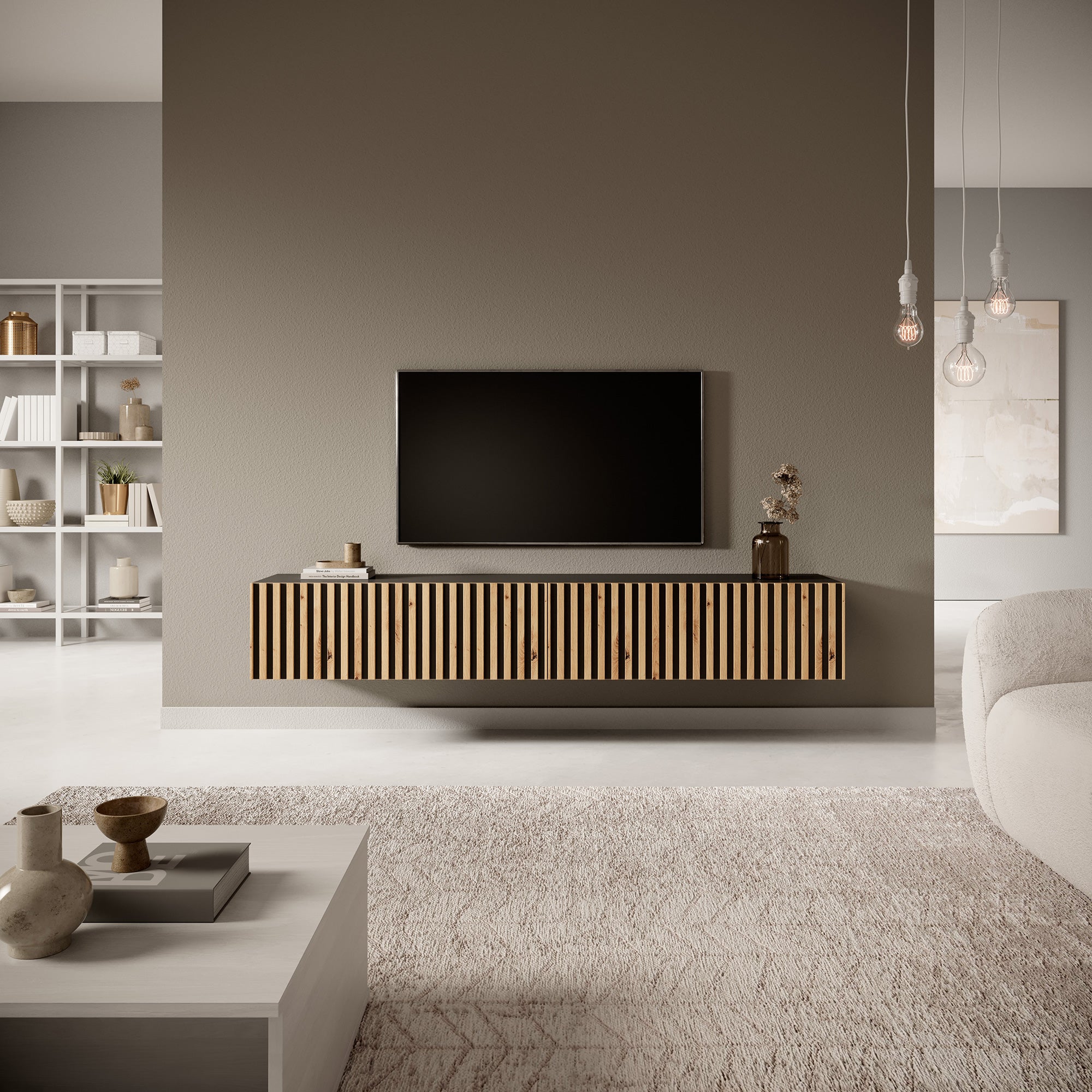 TV-Schrank Telire 175 cm schwarz mit lamellenförmiger Front Artisan-Eiche