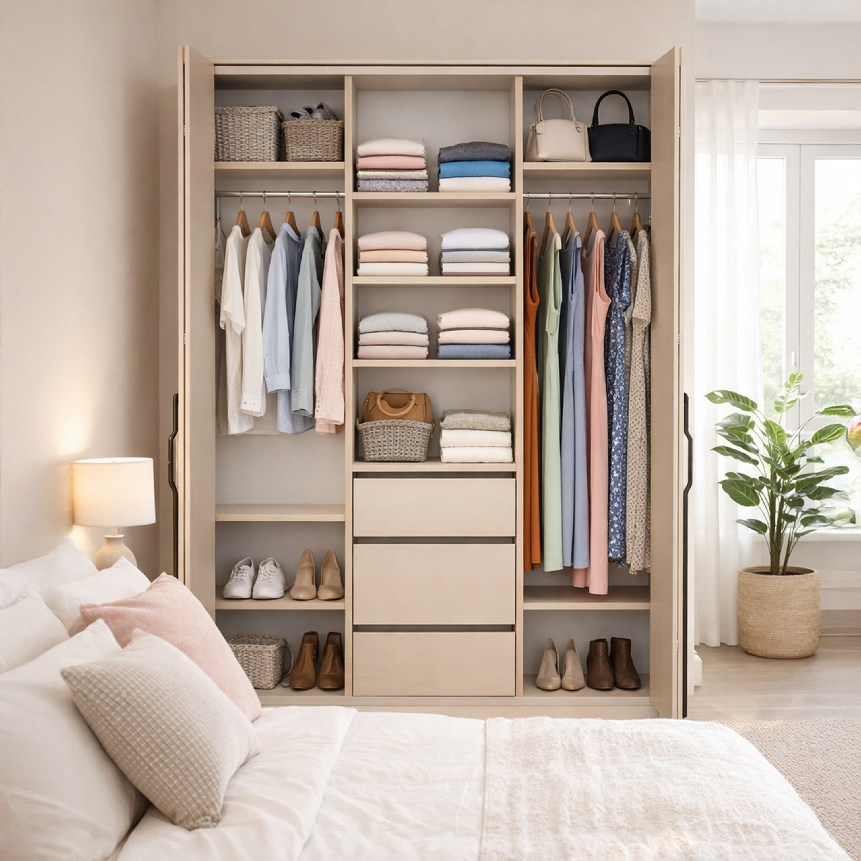 Zweiflügeliger Schrank Bari mit drei Schubladen, 170 cm, Kaschmirfarben