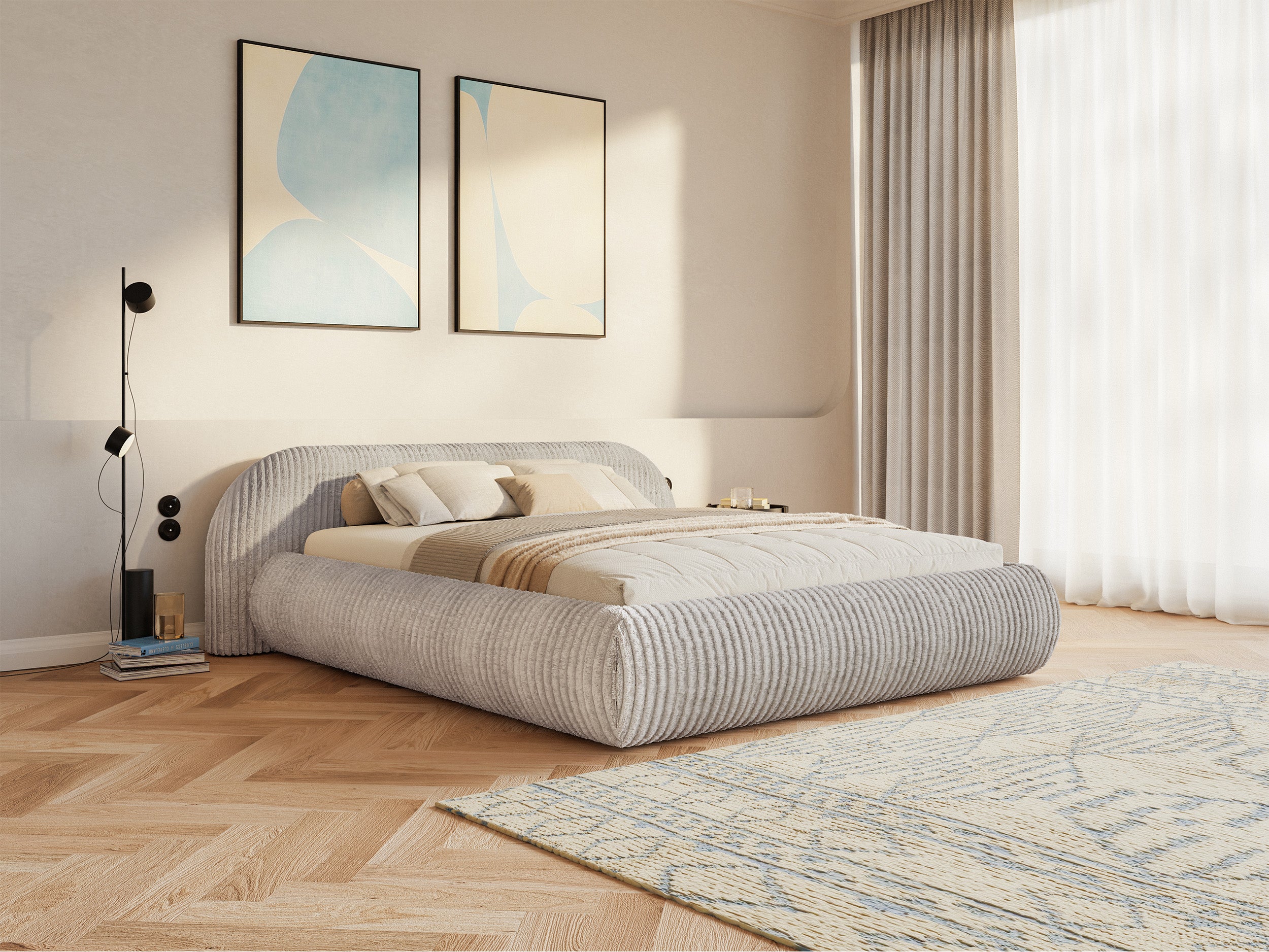 Polsterbett 180x200 cm Shels Low in grau-beige, dicker Cordstoff