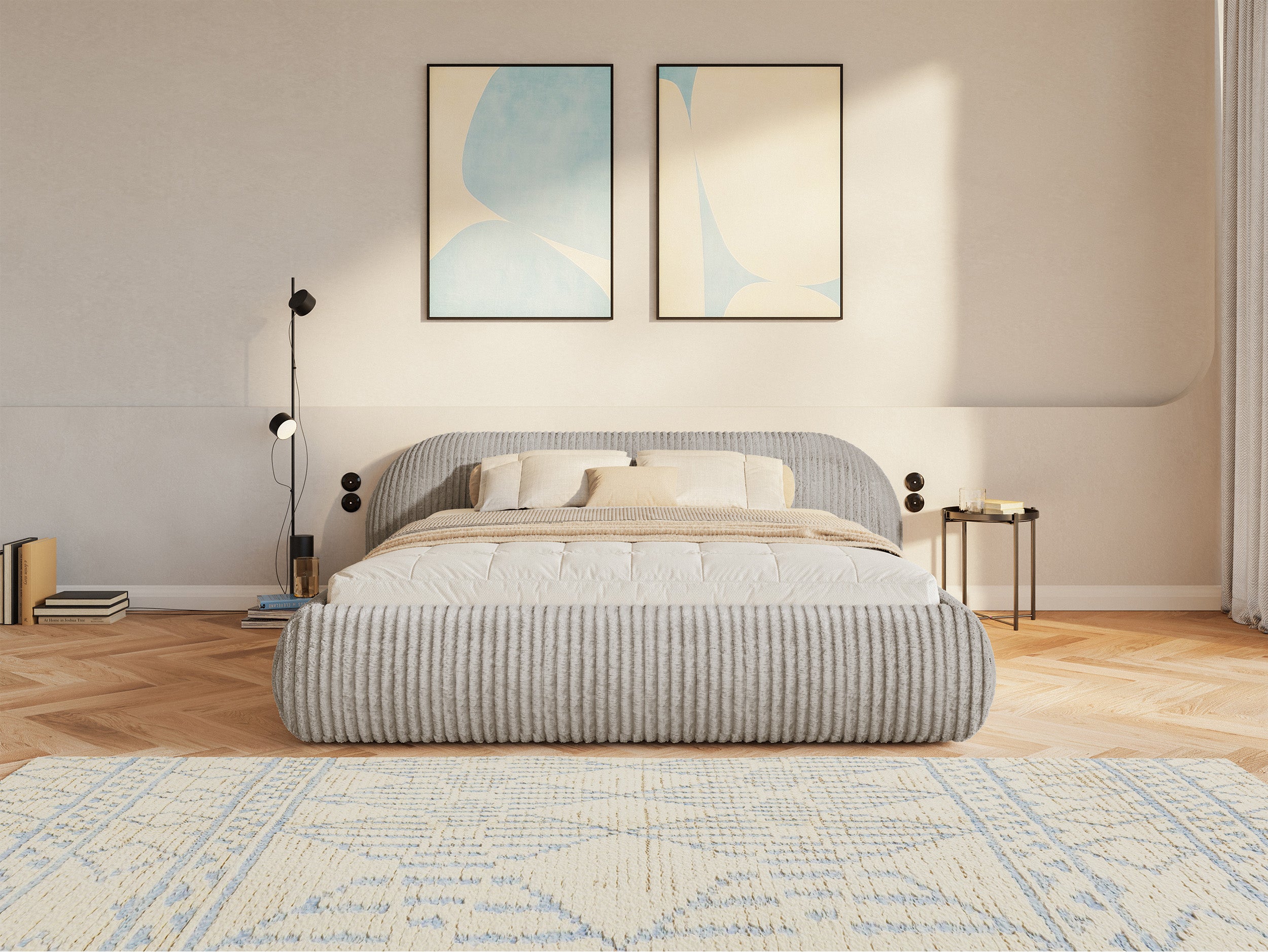 Polsterbett 180x200 cm Shels Low in grau-beige, dicker Cordstoff