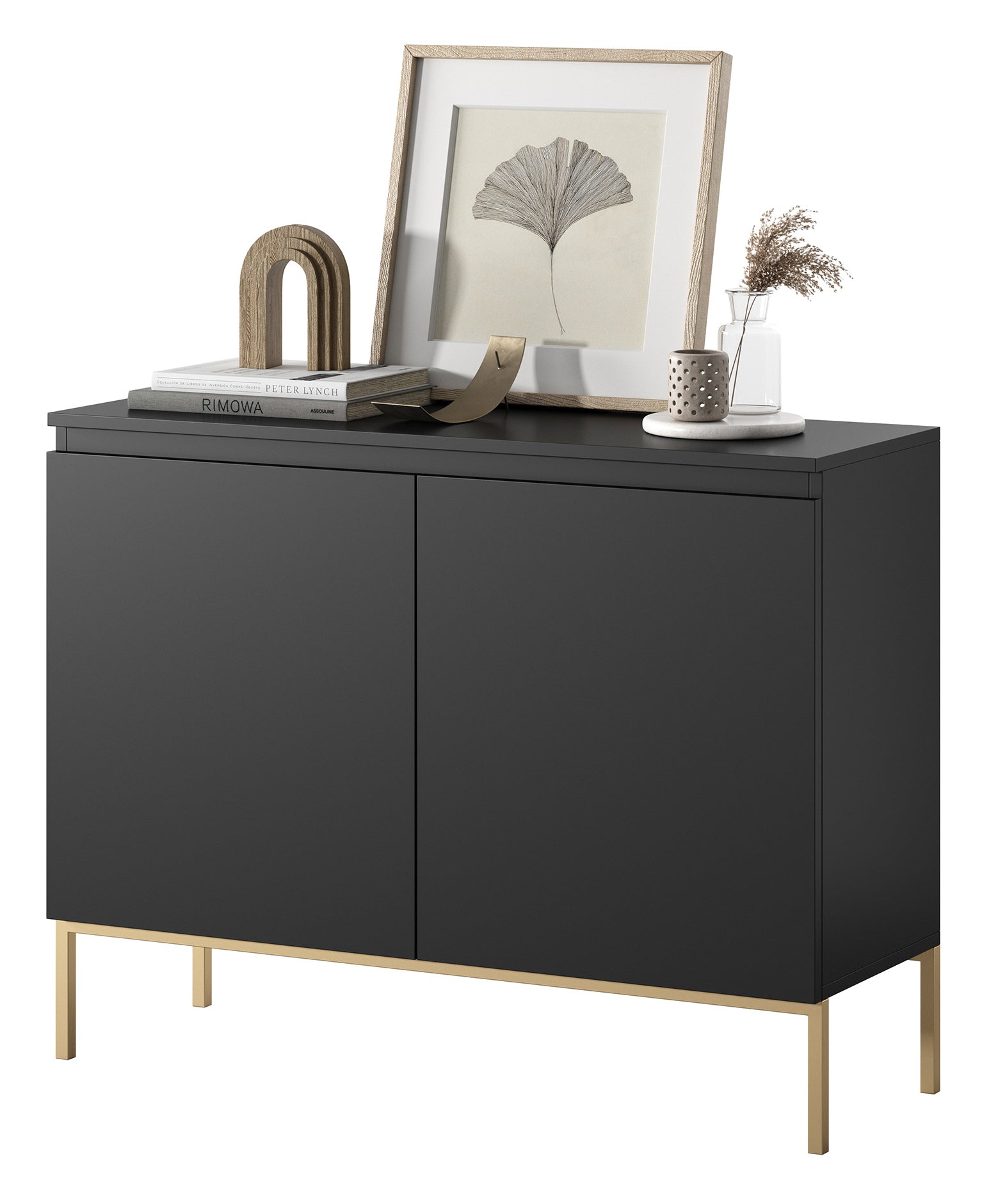 Zweiturige Kommode Bemmi 100 cm schwarz mit goldenen Beinen