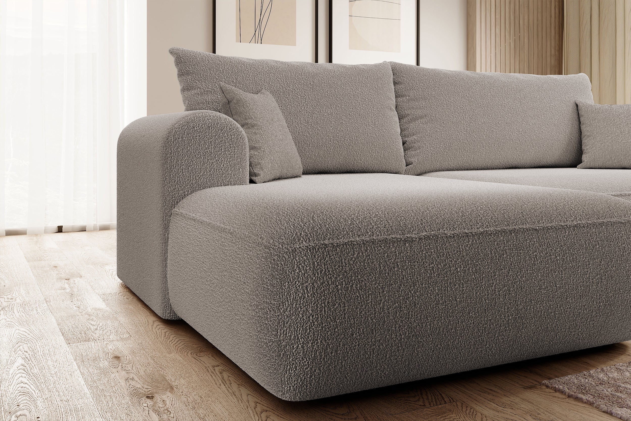 Ecksofa mit Schlafunktion Ovo L-förmig, dunkelbeige mit Stauraum, Bouclé, linksseitig