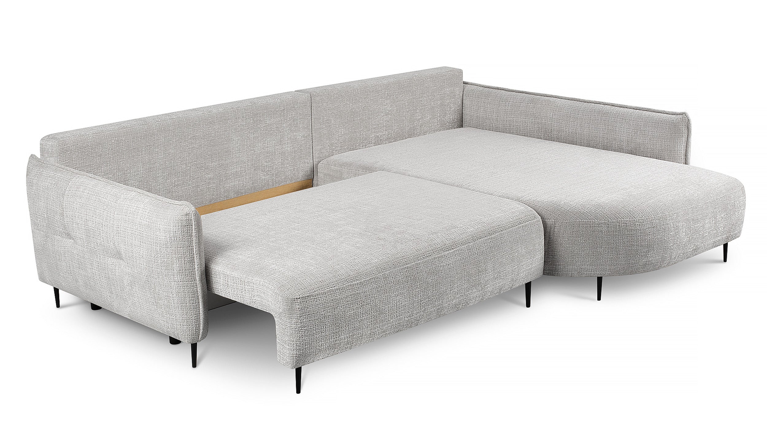 Ecksofa Oblivio mit Schlaffunktion, L-förmig, mit Stauraum, hellgrauer Chenille, rechtsseitig