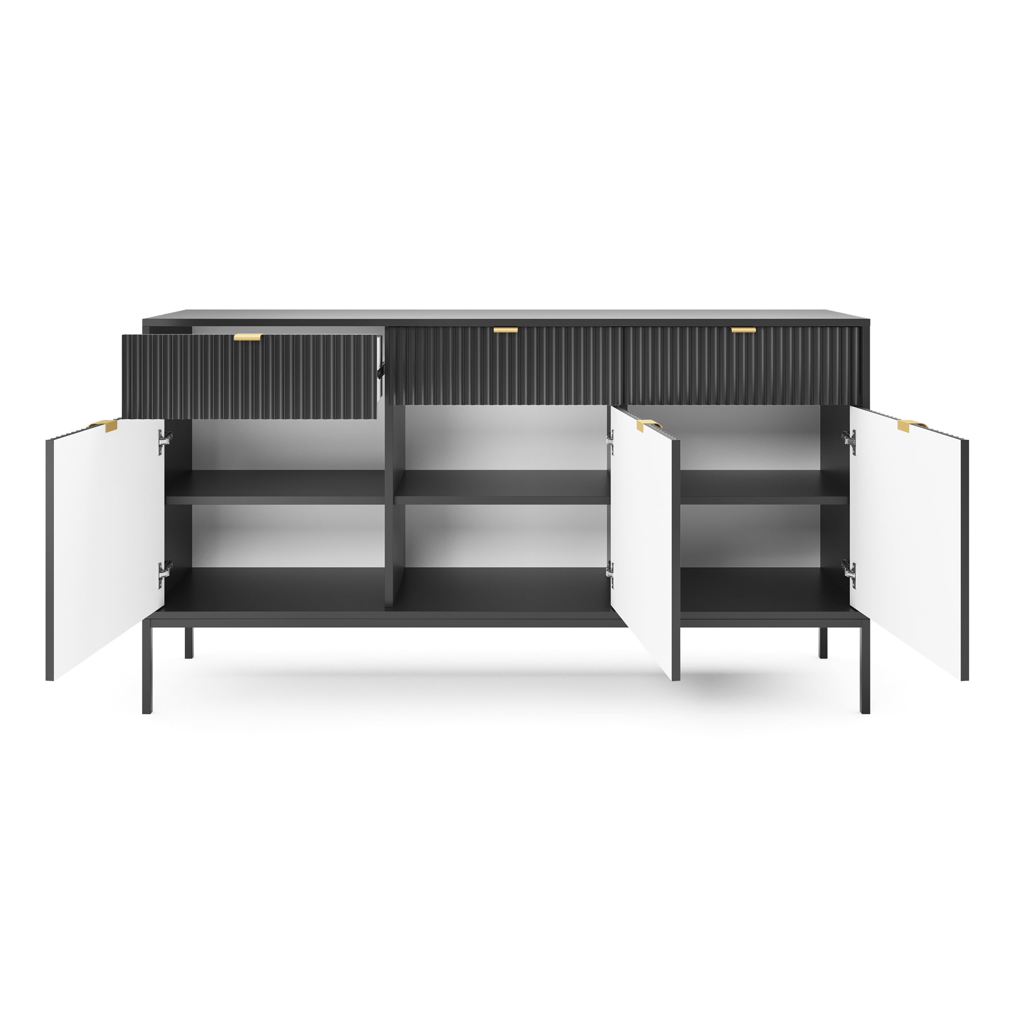 Drehtür-Kommode Vellore 154 cm schwarz mit geriffelten Fronten und goldenen Griffen