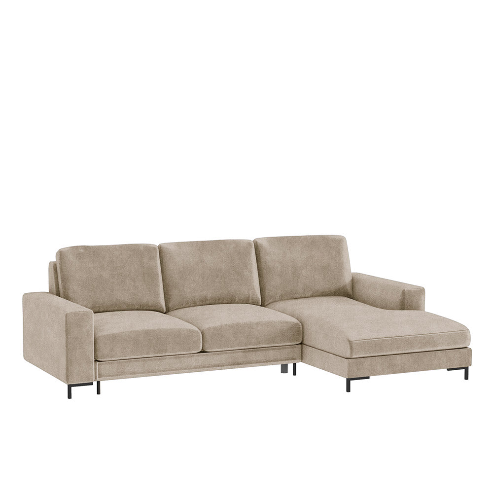 Ecksofa mit Schlaffunktion Mokpeo, L-förmig, mit zwei Stauraumfächern auf schwarzen Füßen, beige, aus pflegeleichtem Stoff, rechtsseitig