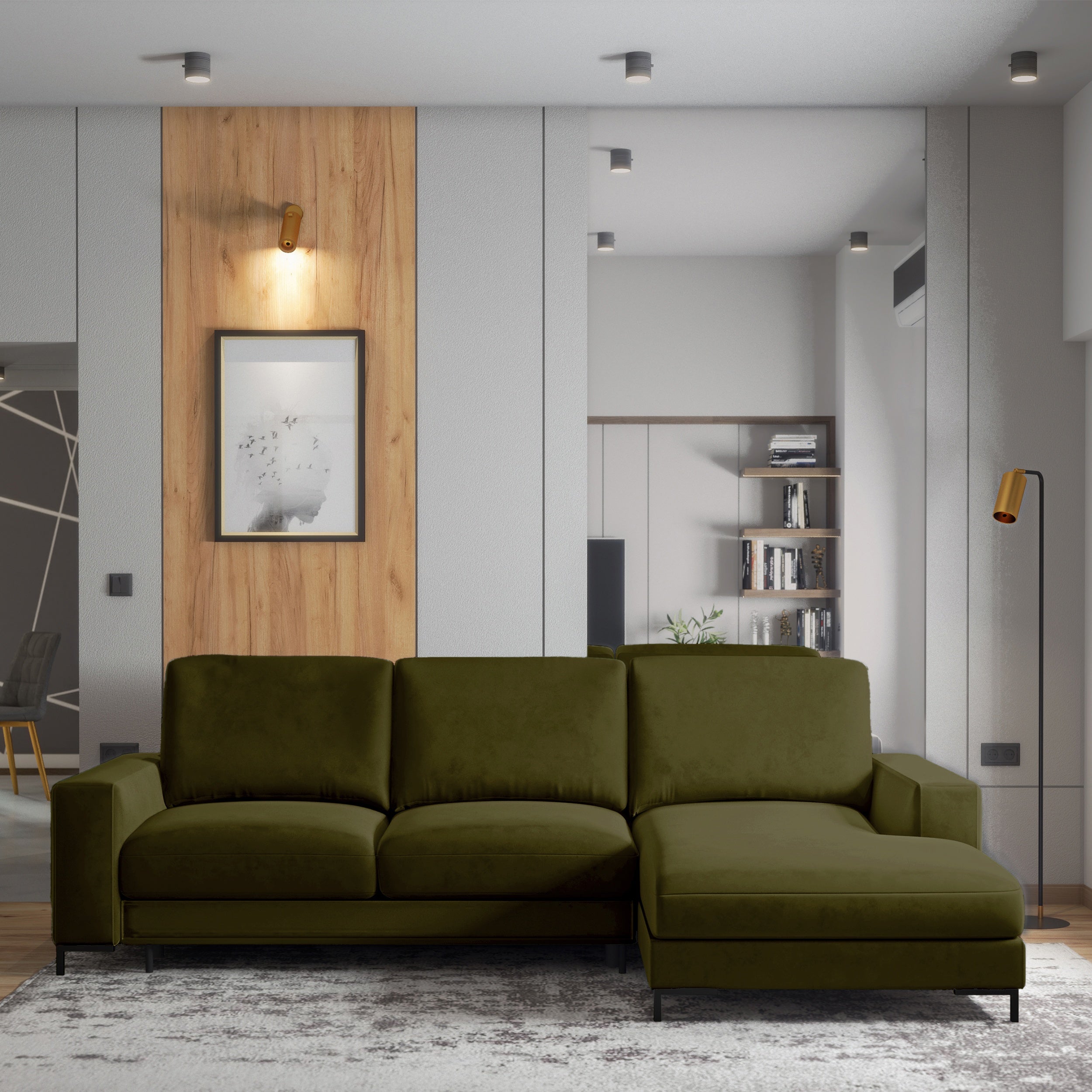 Ecksofa mit Schlafunktion Mokpeo, L-förmig, mit zwei Stauraumfächern, schwarze Füße, olivgrüner Samt, rechtsseitig