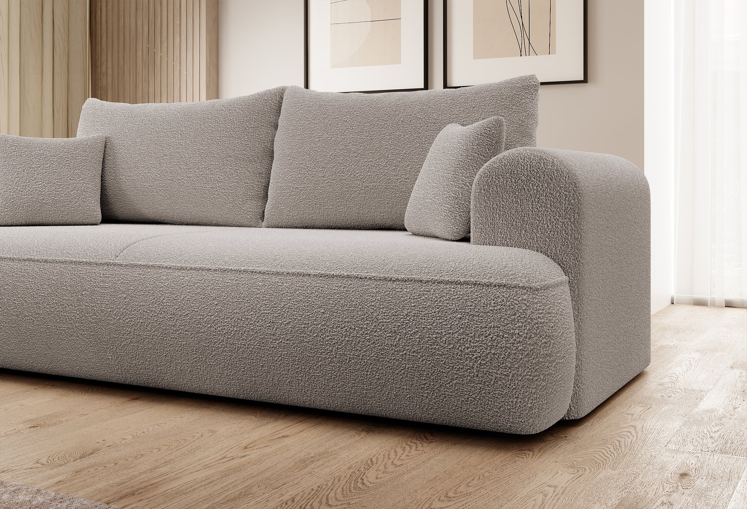 Dreisitziges ausklappbares Sofa Ovo mit Stauraum, dunkelbeiges Bouclé