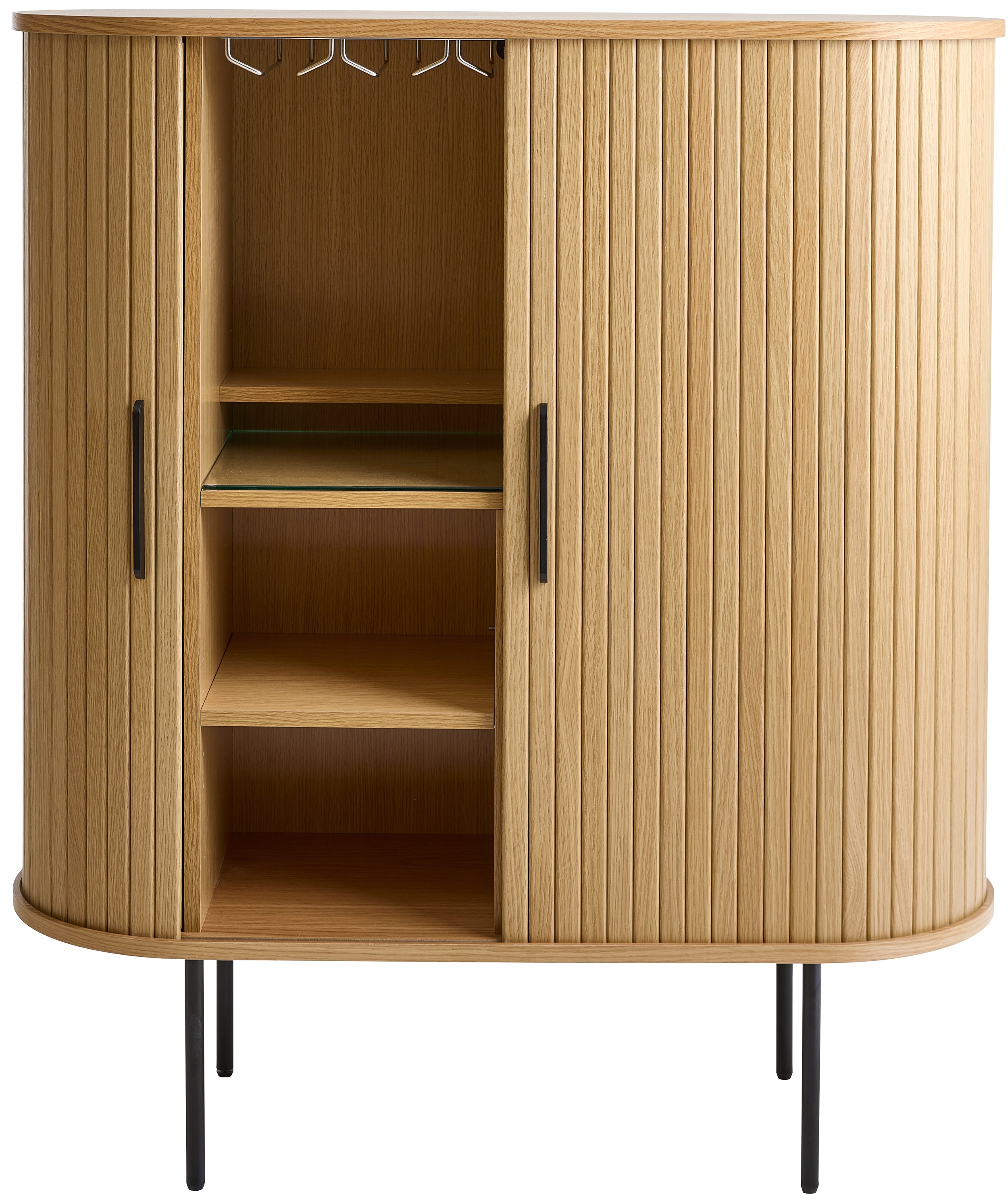 Hohe Kommode Gativel 100 cm mit Gläserhaltern, Lamellen in natürlicher Eiche