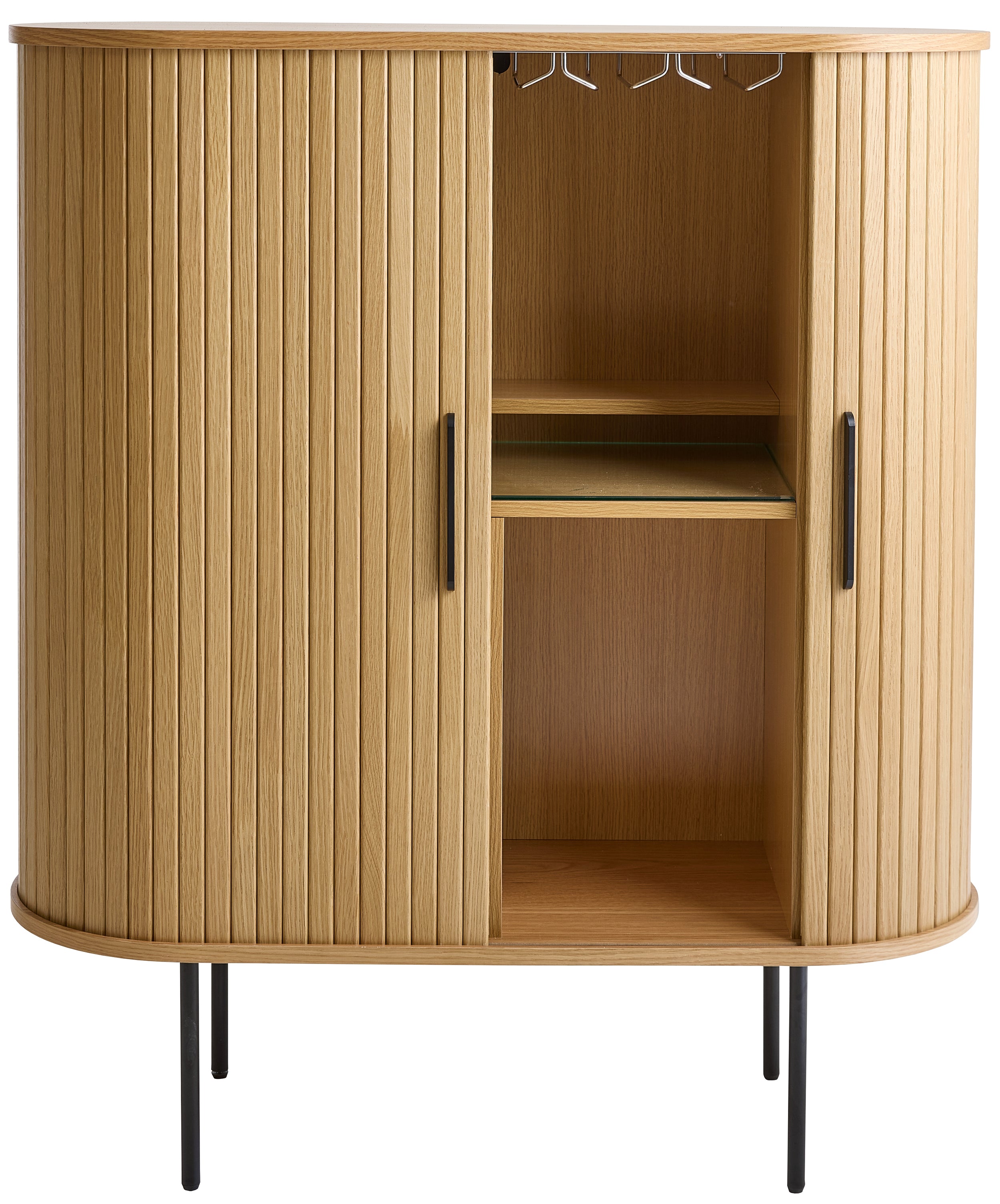 Hohe Kommode Gativel 100 cm mit Gläserhaltern, Lamellen in natürlicher Eiche