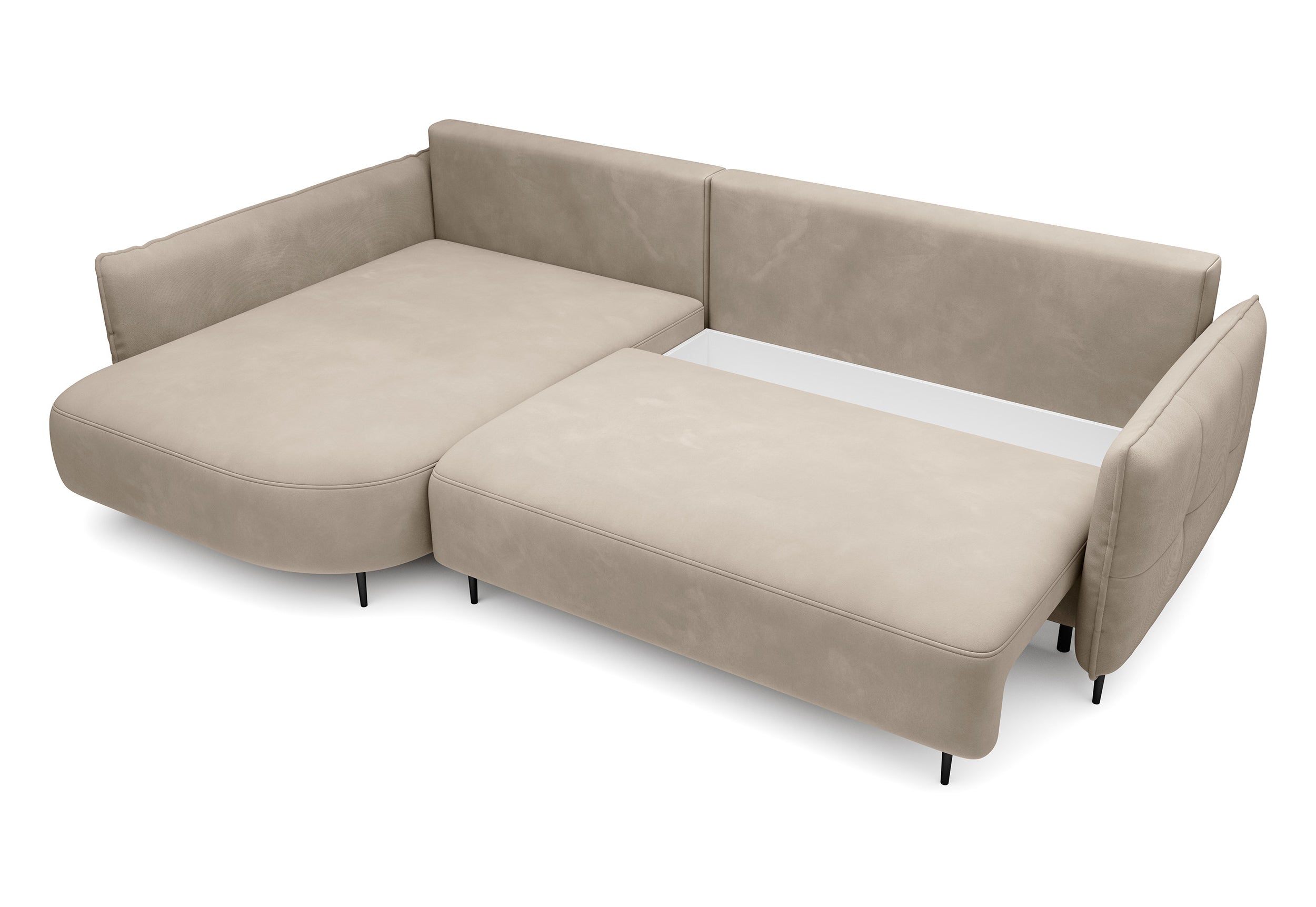 Ecksofa Oblivio mit Schlaffunktion, L-förmig, mit Stauraum, hellbeiger Samt, linksseitig, wasserabweisend