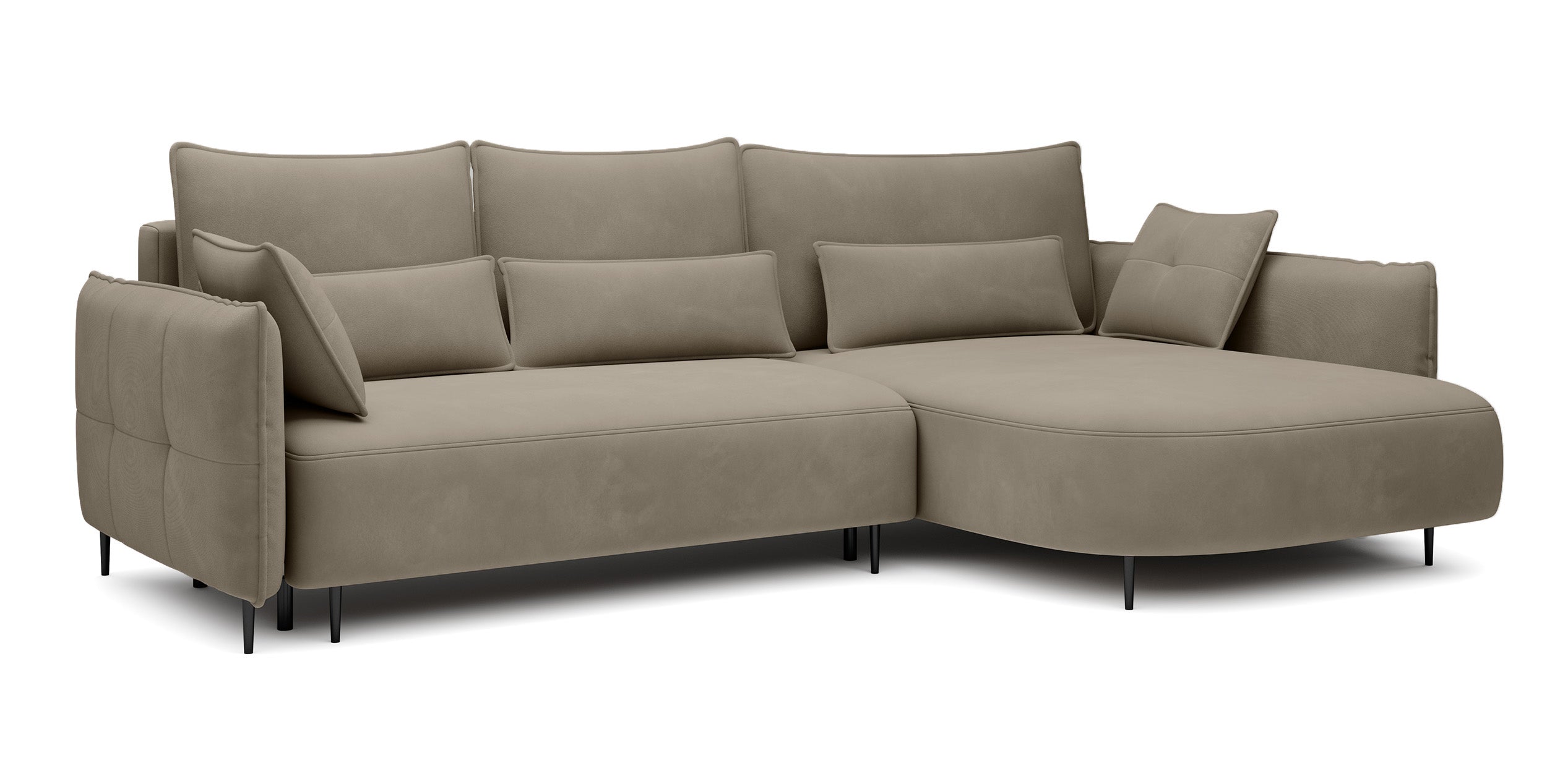 Ecksofa Oblivio mit Schlaffunktion, L-förmig, mit Stauraum, hellbraunes Samt, rechtsseitig, wasserabweisend