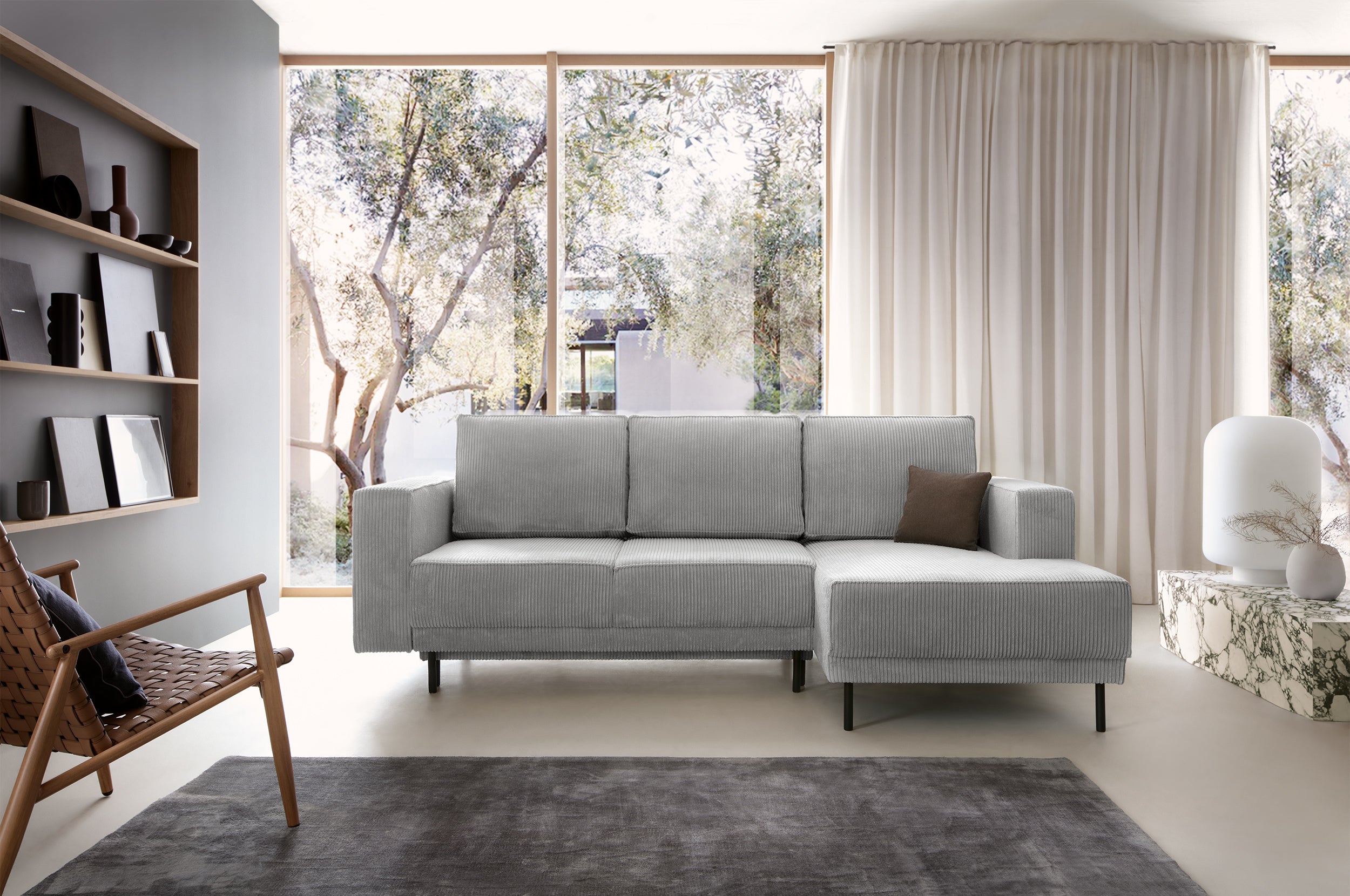 Ecksofa mit Schlaffunktion Rodario Mini, L-förmig, mit Stauraum, hellgrauer Cordstoff, rechtsseitig