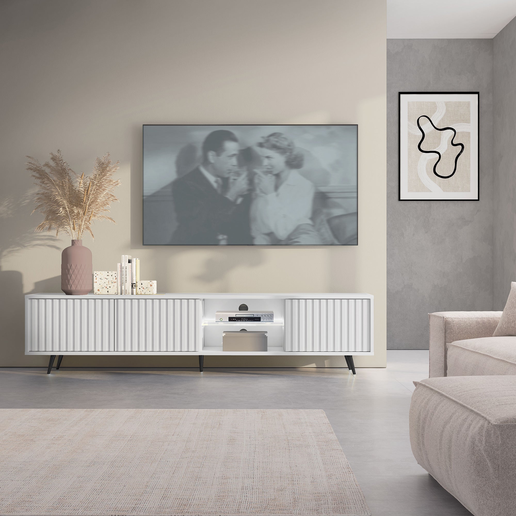 TV-Schrank Bello mit Lamellenfronten, 175 cm, weiß, mit LED und schwarzen Beinen