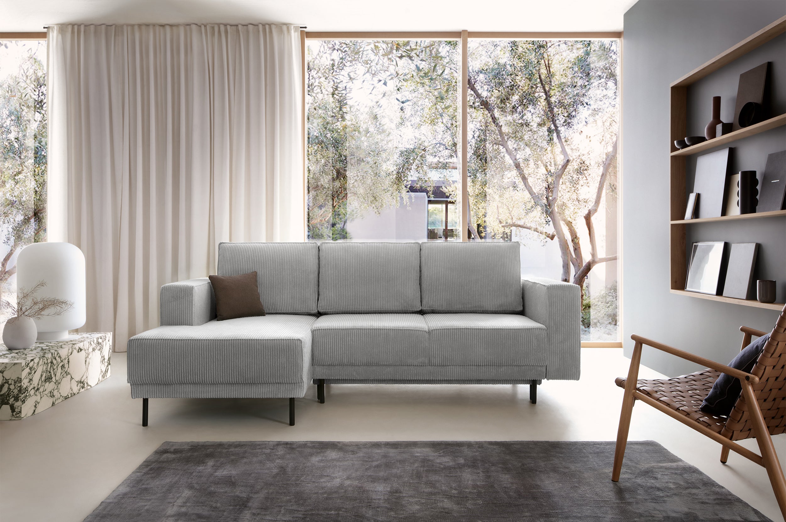 Ecksofa mit Schlafunktion Rodario Mini, L-förmig, mit Stauraum, hellgrauer Cord, linksseitig