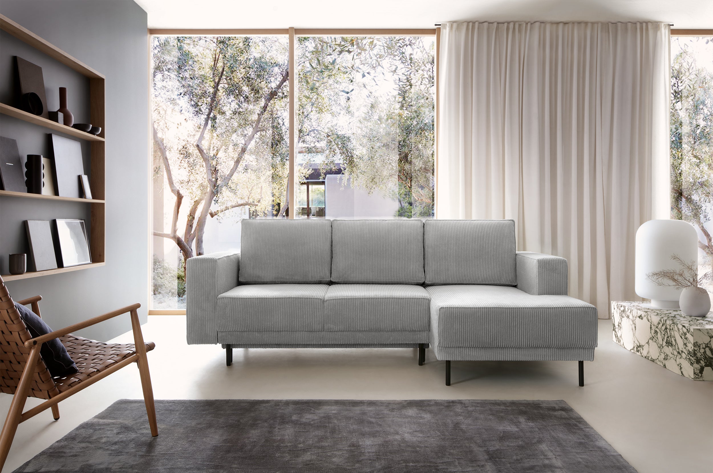 Ecksofa mit Schlaffunktion Rodario Mini, L-förmig, mit Stauraum, hellgrauer Cordstoff, rechtsseitig