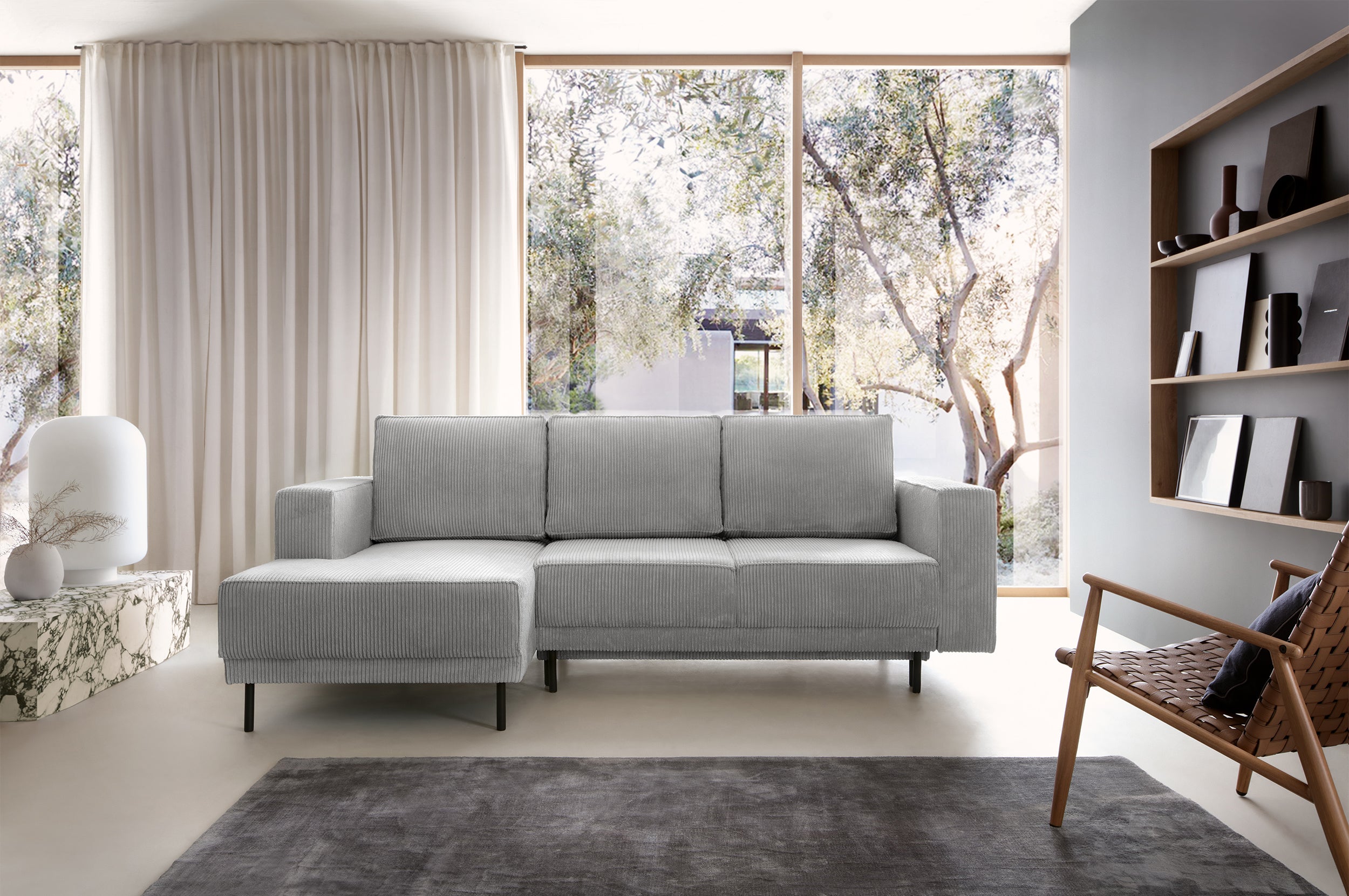 Ecksofa mit Schlafunktion Rodario Mini, L-förmig, mit Stauraum, hellgrauer Cord, linksseitig