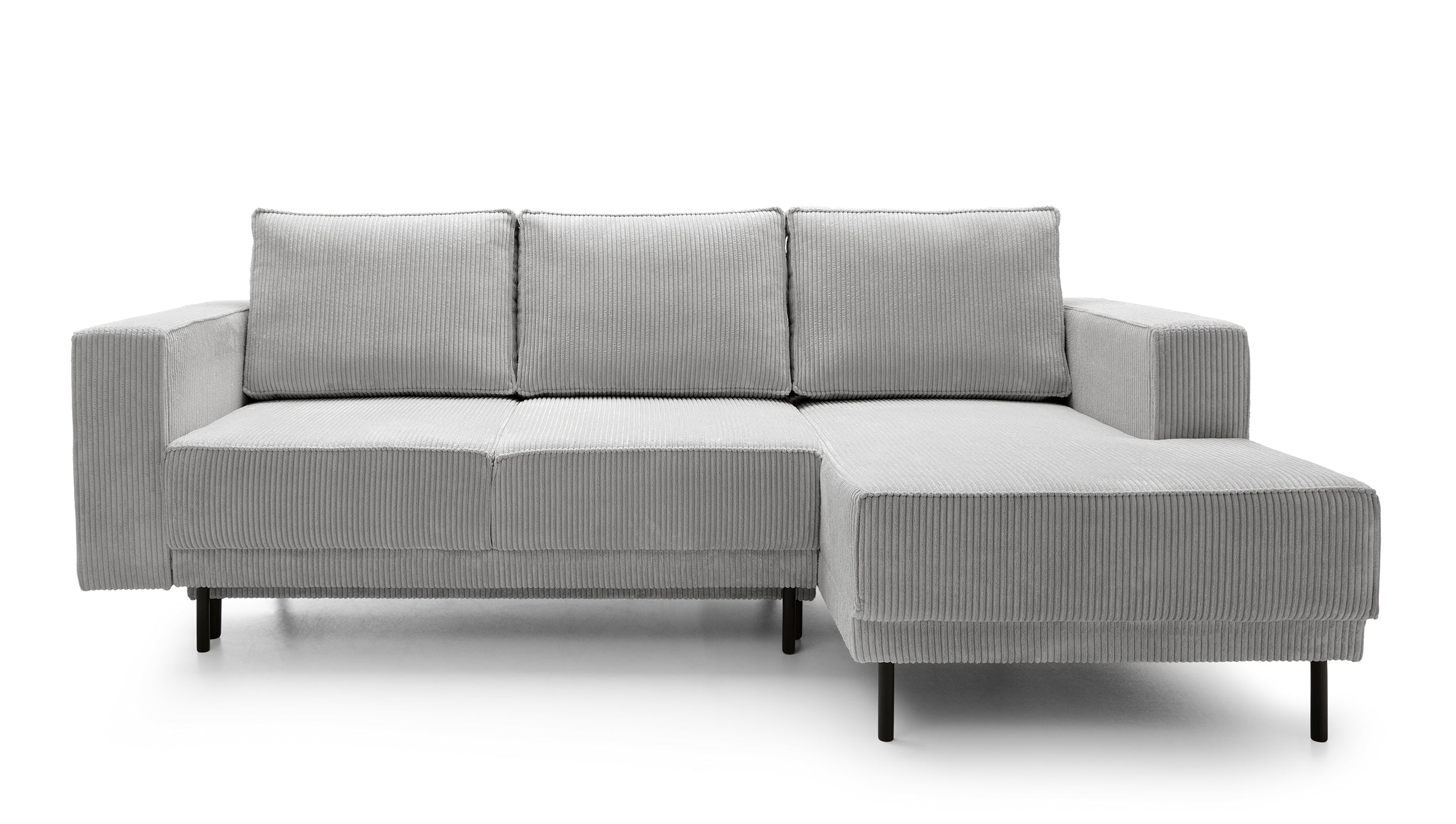 Ecksofa mit Schlaffunktion Rodario Mini, L-förmig, mit Stauraum, hellgrauer Cordstoff, rechtsseitig