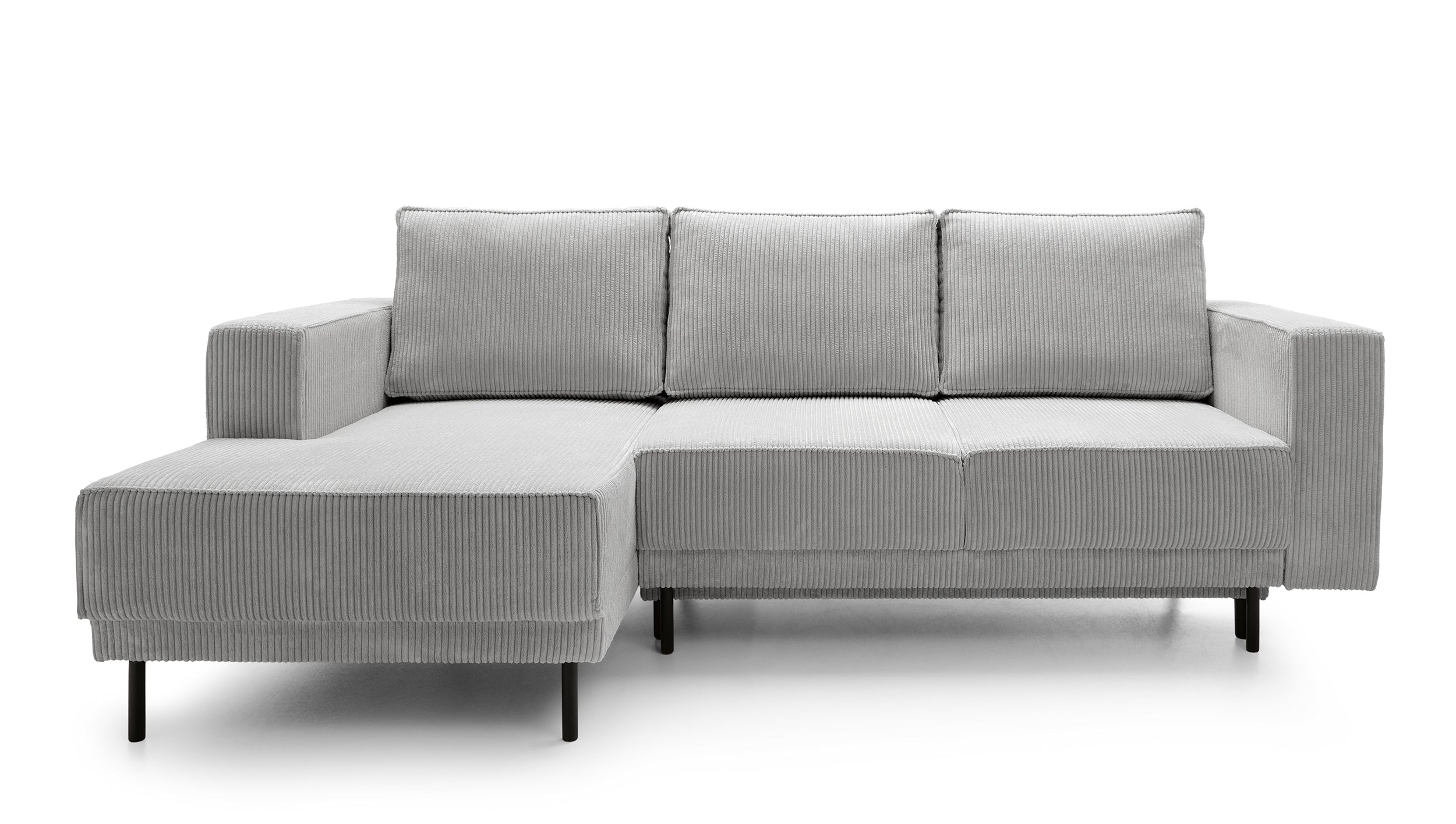 Ecksofa mit Schlafunktion Rodario Mini, L-förmig, mit Stauraum, hellgrauer Cord, linksseitig