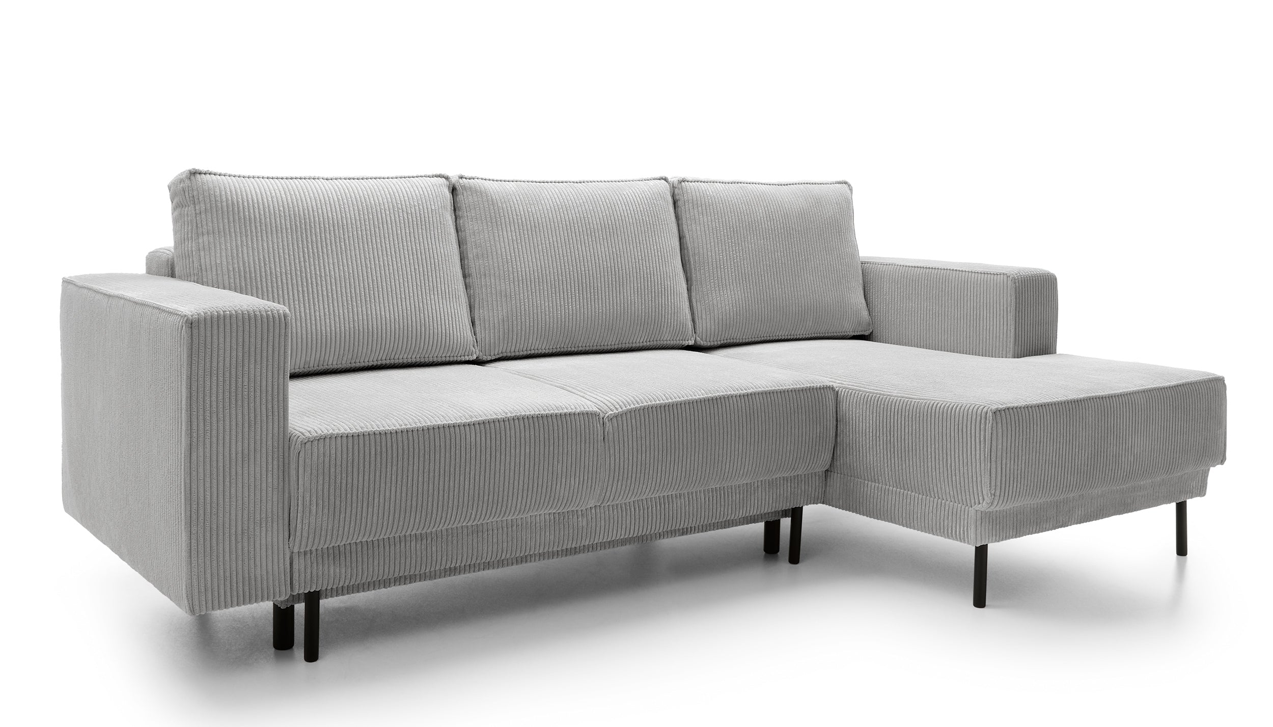 Ecksofa mit Schlaffunktion Rodario Mini, L-förmig, mit Stauraum, hellgrauer Cordstoff, rechtsseitig