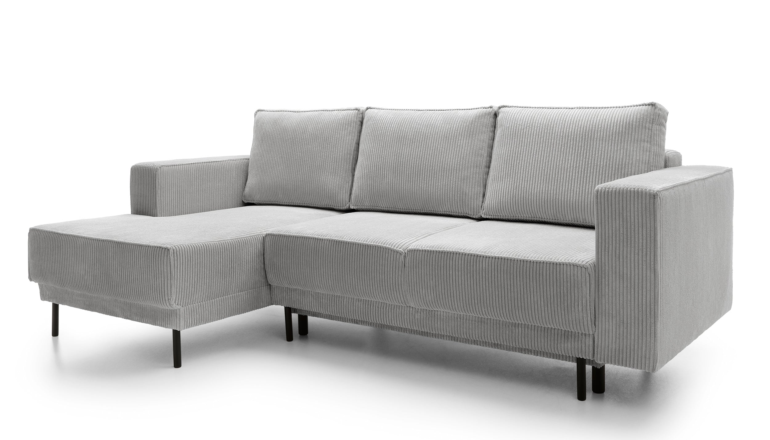 Ecksofa mit Schlafunktion Rodario Mini, L-förmig, mit Stauraum, hellgrauer Cord, linksseitig
