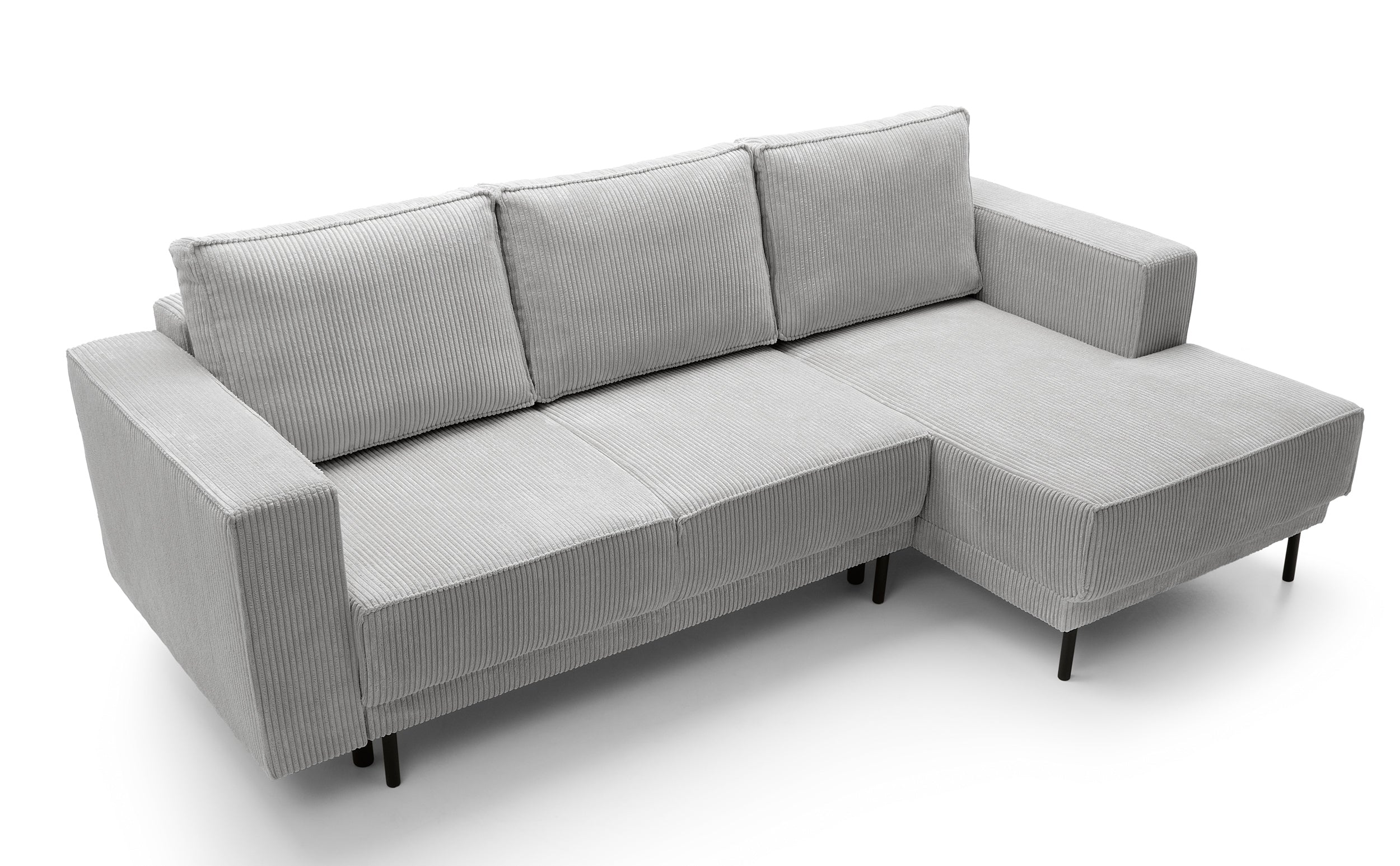 Ecksofa mit Schlaffunktion Rodario Mini, L-förmig, mit Stauraum, hellgrauer Cordstoff, rechtsseitig