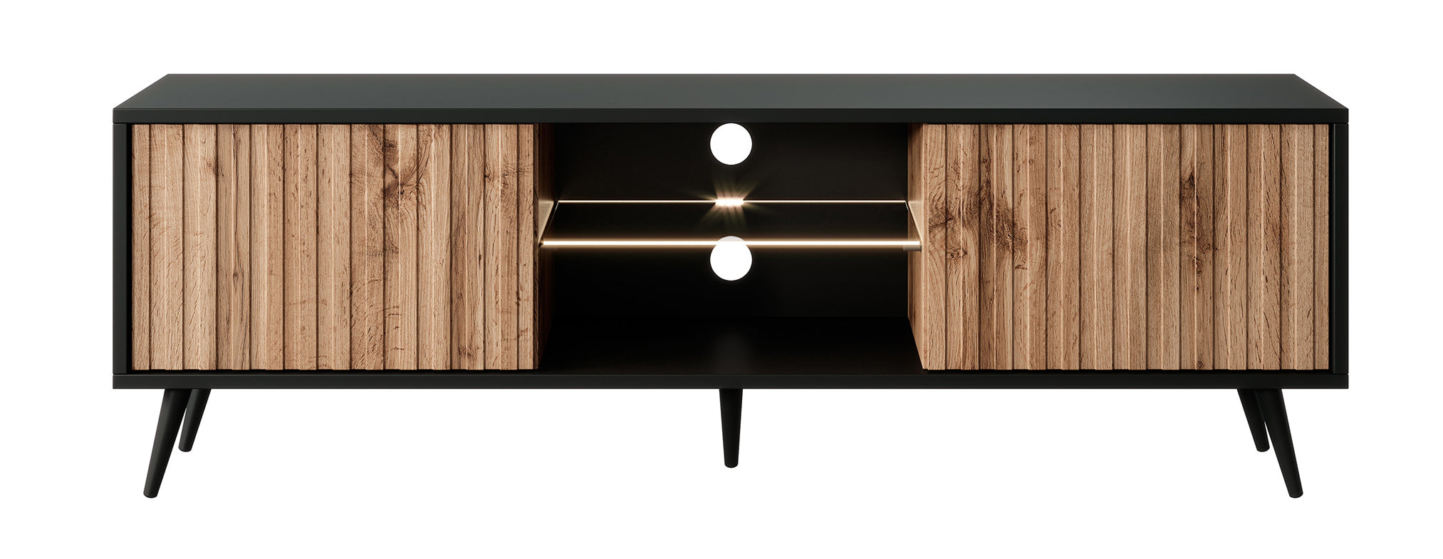 TV-Schrank Bello mit Lamellenfronten 135 cm schwarz/Wotaneiche mit LED