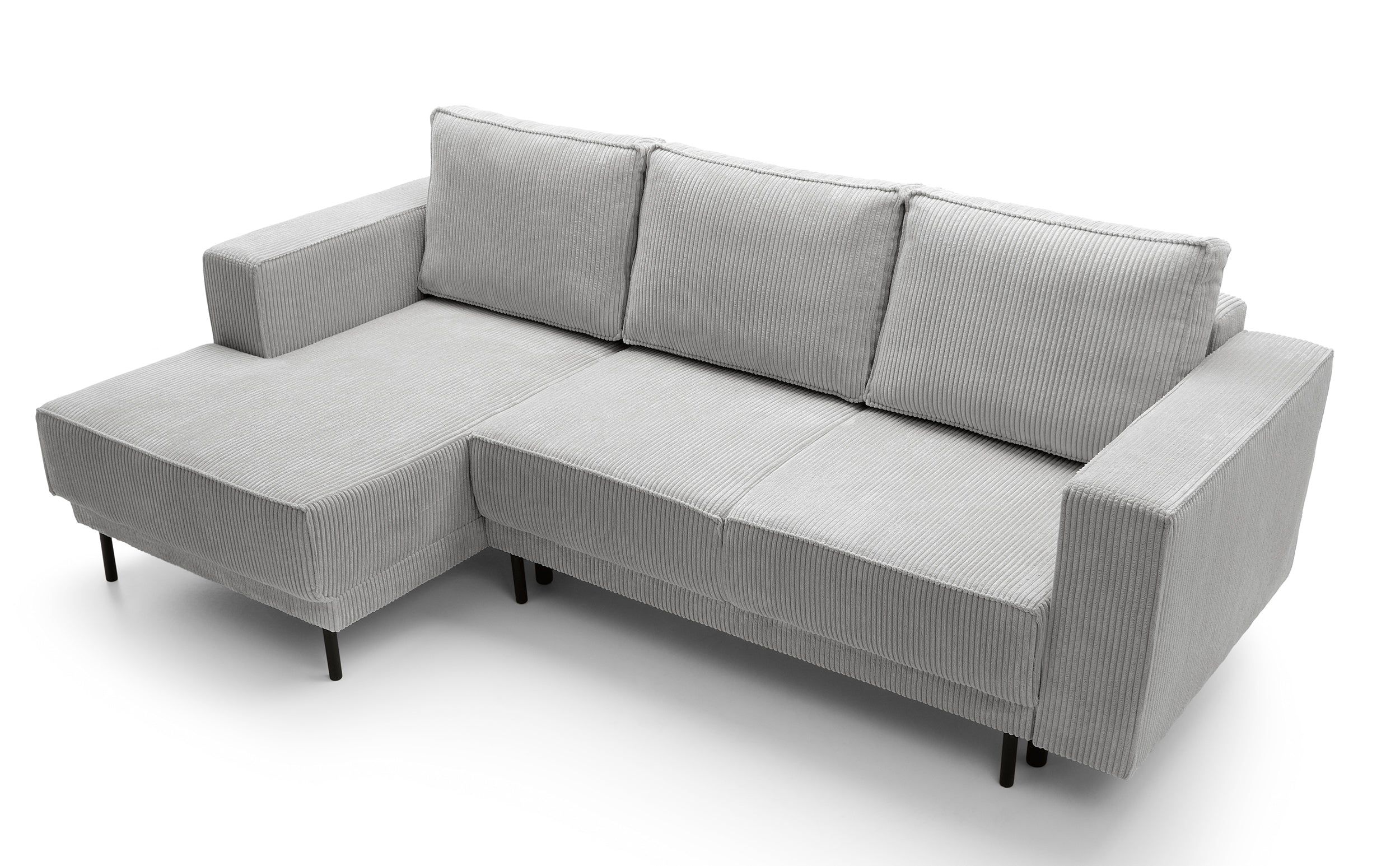 Ecksofa mit Schlafunktion Rodario Mini, L-förmig, mit Stauraum, hellgrauer Cord, linksseitig