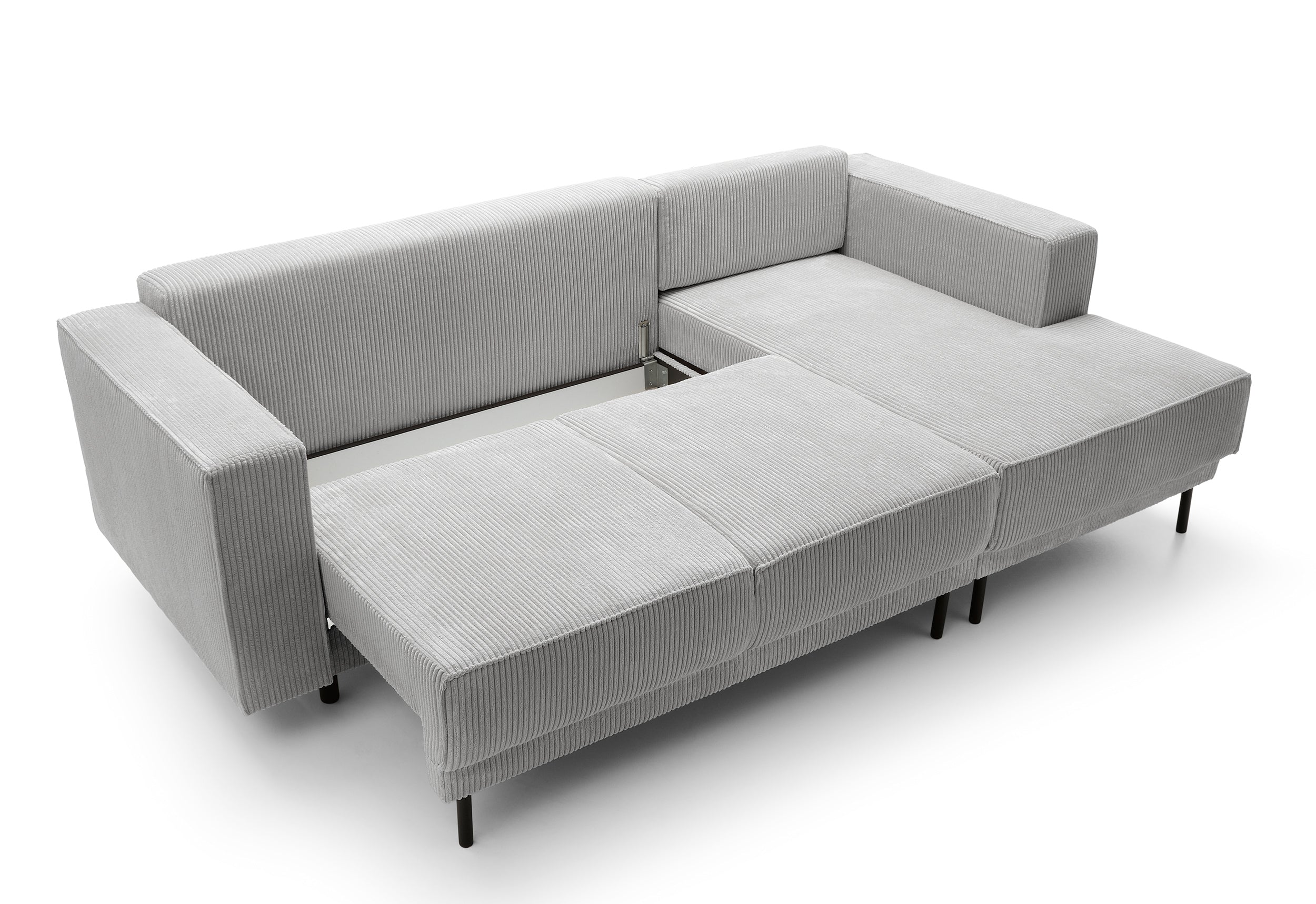 Ecksofa mit Schlaffunktion Rodario Mini, L-förmig, mit Stauraum, hellgrauer Cordstoff, rechtsseitig