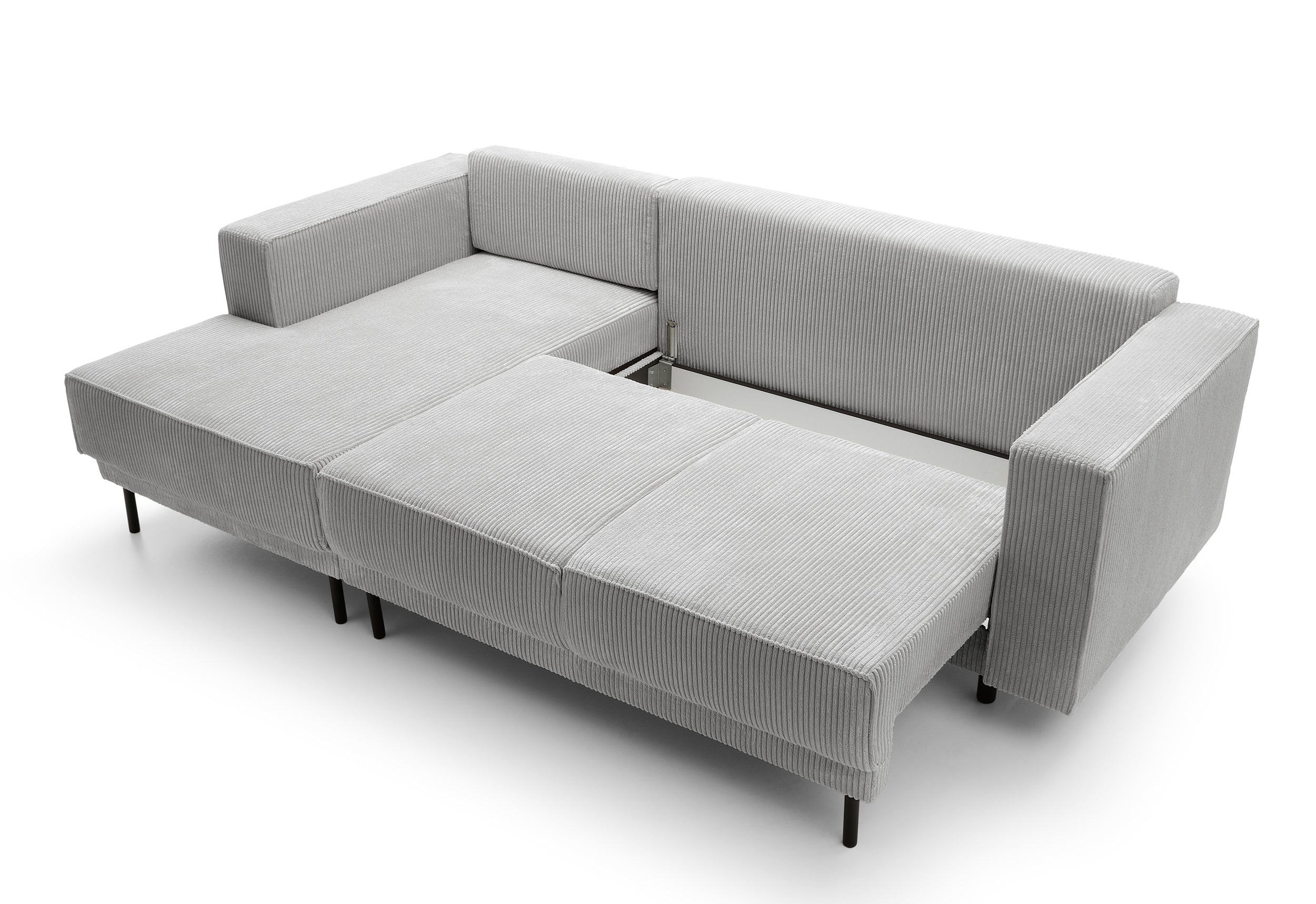 Ecksofa mit Schlafunktion Rodario Mini, L-förmig, mit Stauraum, hellgrauer Cord, linksseitig