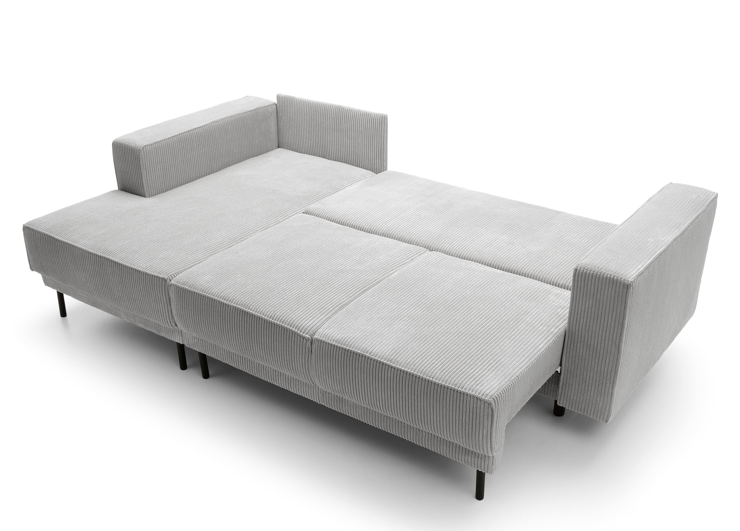 Ecksofa mit Schlafunktion Rodario Mini, L-förmig, mit Stauraum, hellgrauer Cord, linksseitig