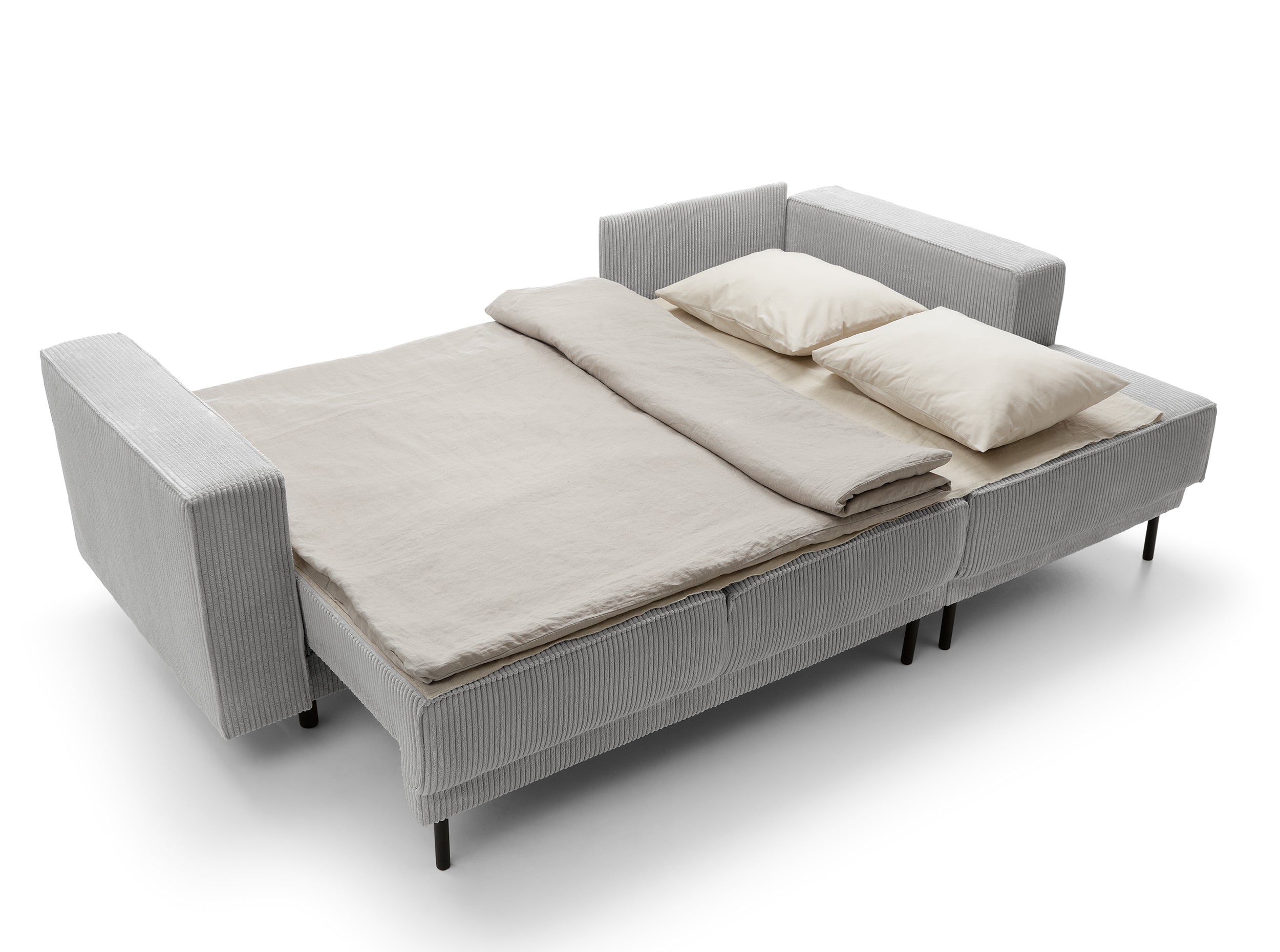Ecksofa mit Schlaffunktion Rodario Mini, L-förmig, mit Stauraum, hellgrauer Cordstoff, rechtsseitig