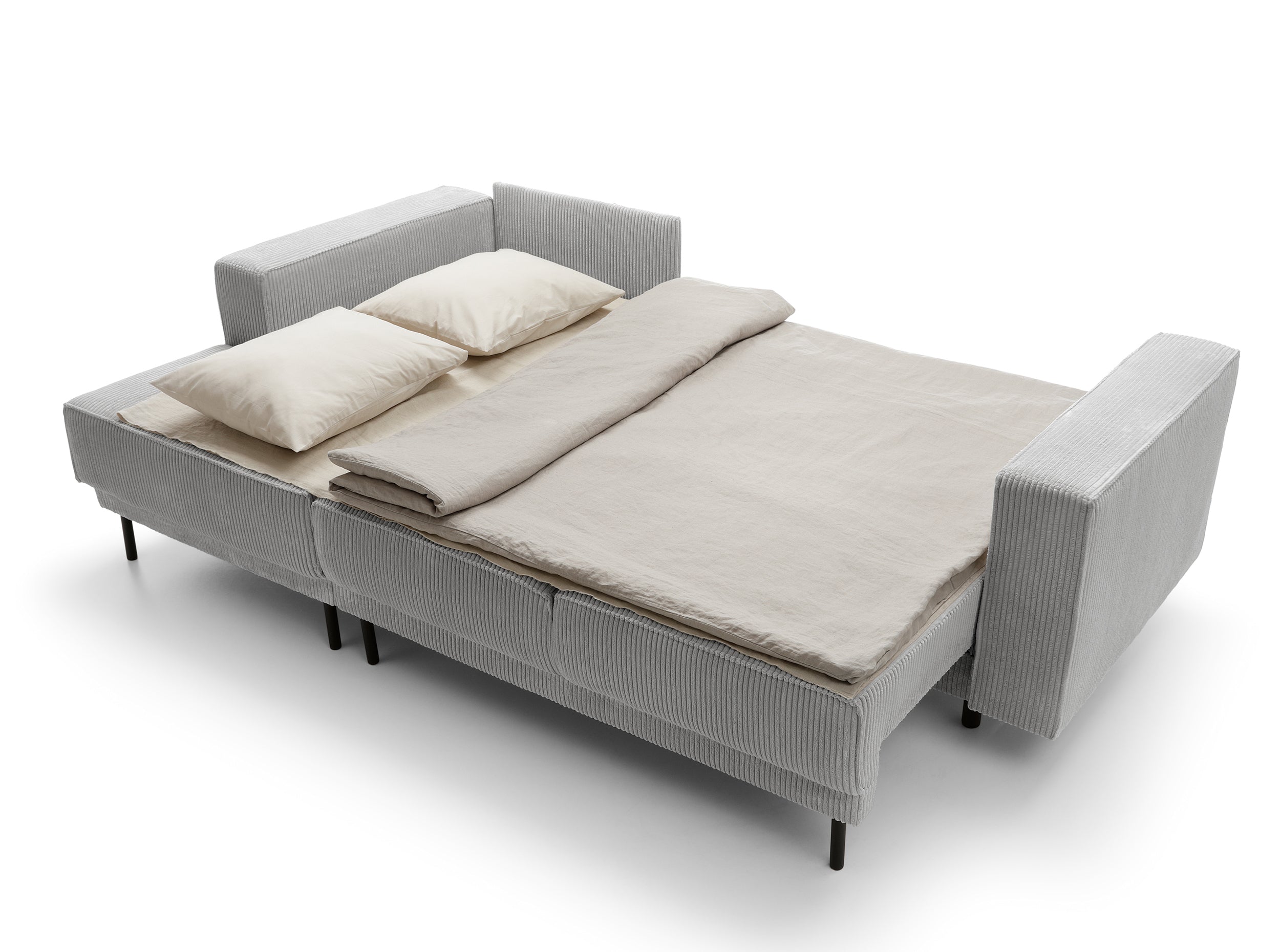 Ecksofa mit Schlafunktion Rodario Mini, L-förmig, mit Stauraum, hellgrauer Cord, linksseitig