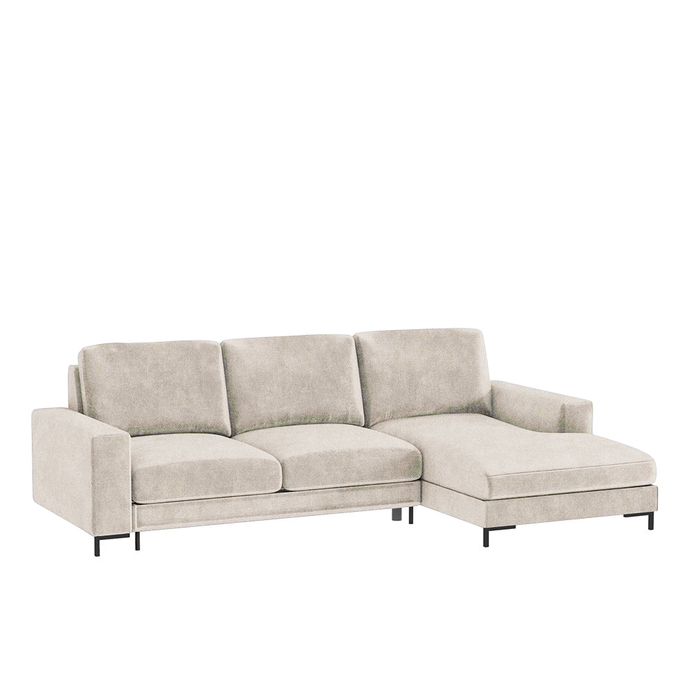 Ecksofa mit Schlaffunktion Mokpeo, L-förmig, mit zwei Stauraumfächern auf schwarzen Füßen, hellbeige, aus pflegeleichtem Stoff, rechtsseitig