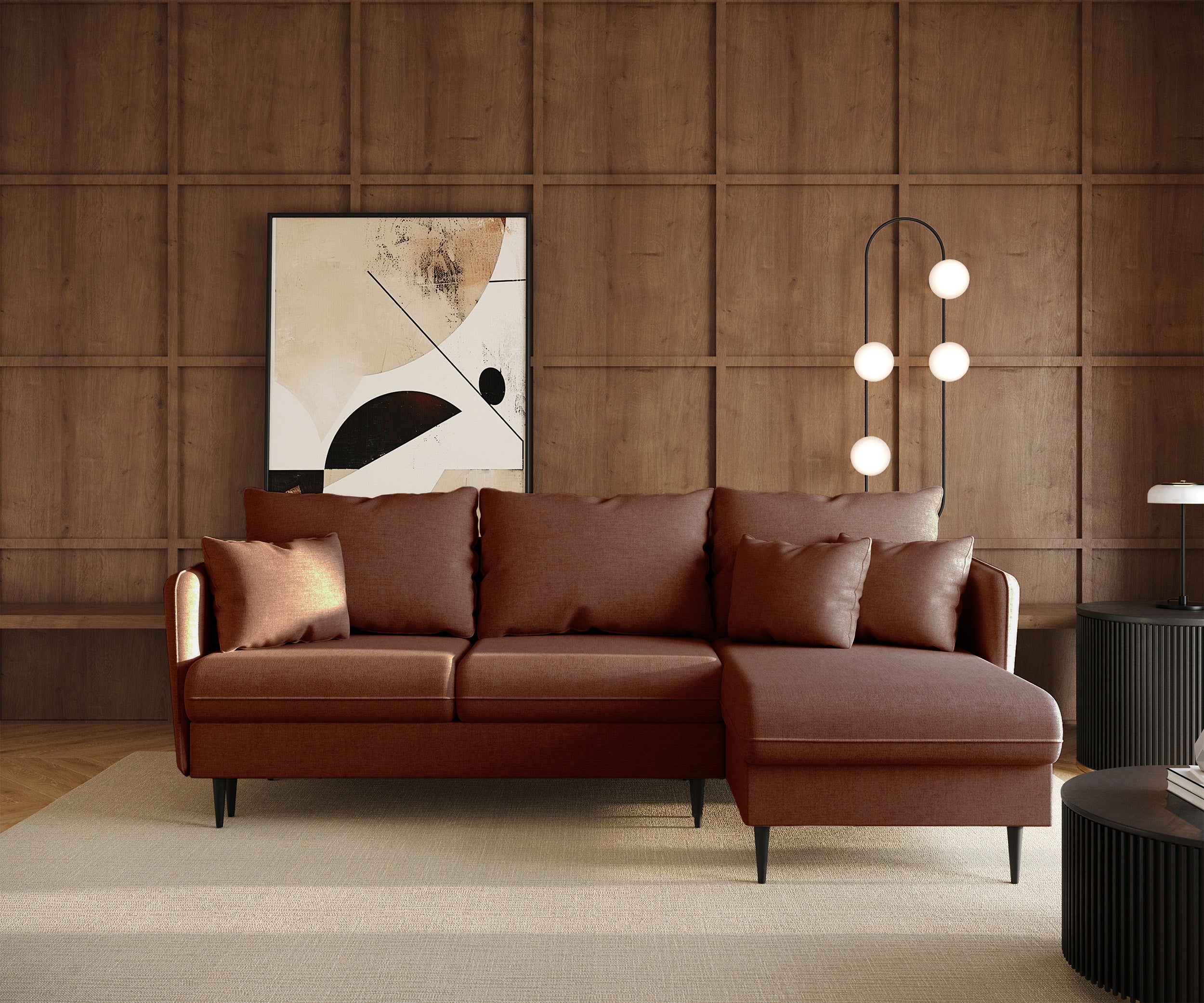 Ecksofa mit Schlaffunktion Volio L-förmig kupferfarbener Chenille Stoff, schwarze Beine